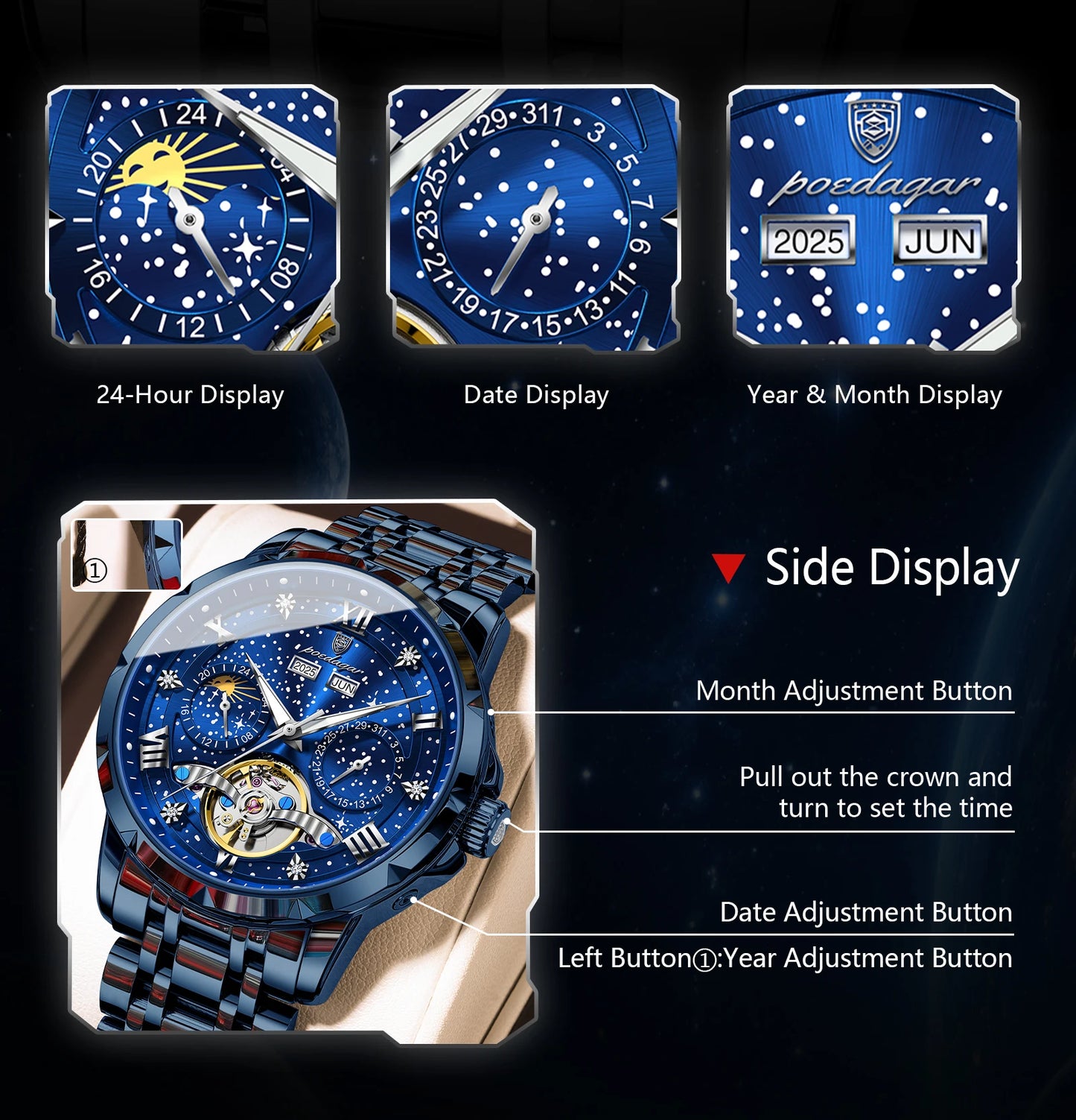 Automatic Skeleton Watch – Tourbillon Style with Roman Numeral Dial & Full Calendar