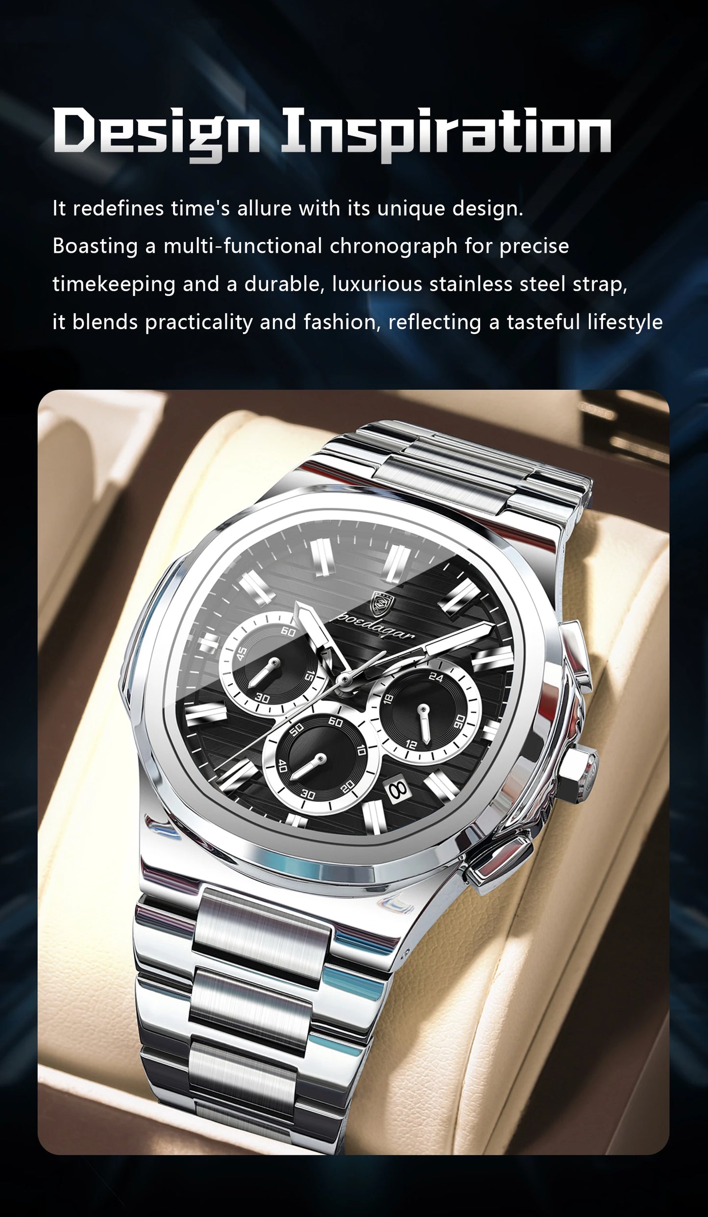 Square Chronograph Watch – Large Numberless Dial with Hidden Clasp Bracelet