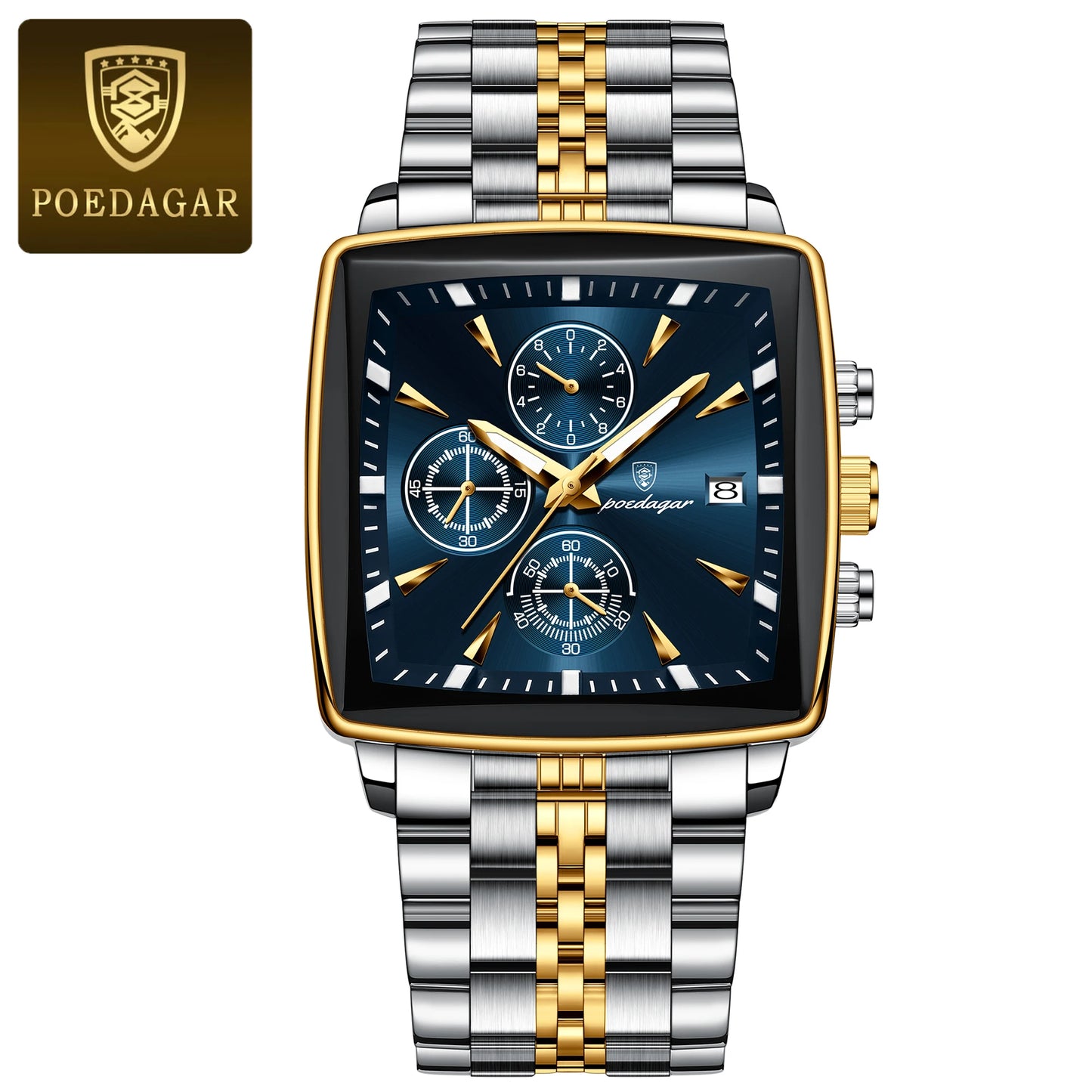 Square Chronograph Watch – Luminous Numberless Dial with Hidden Clasp Bracelet
