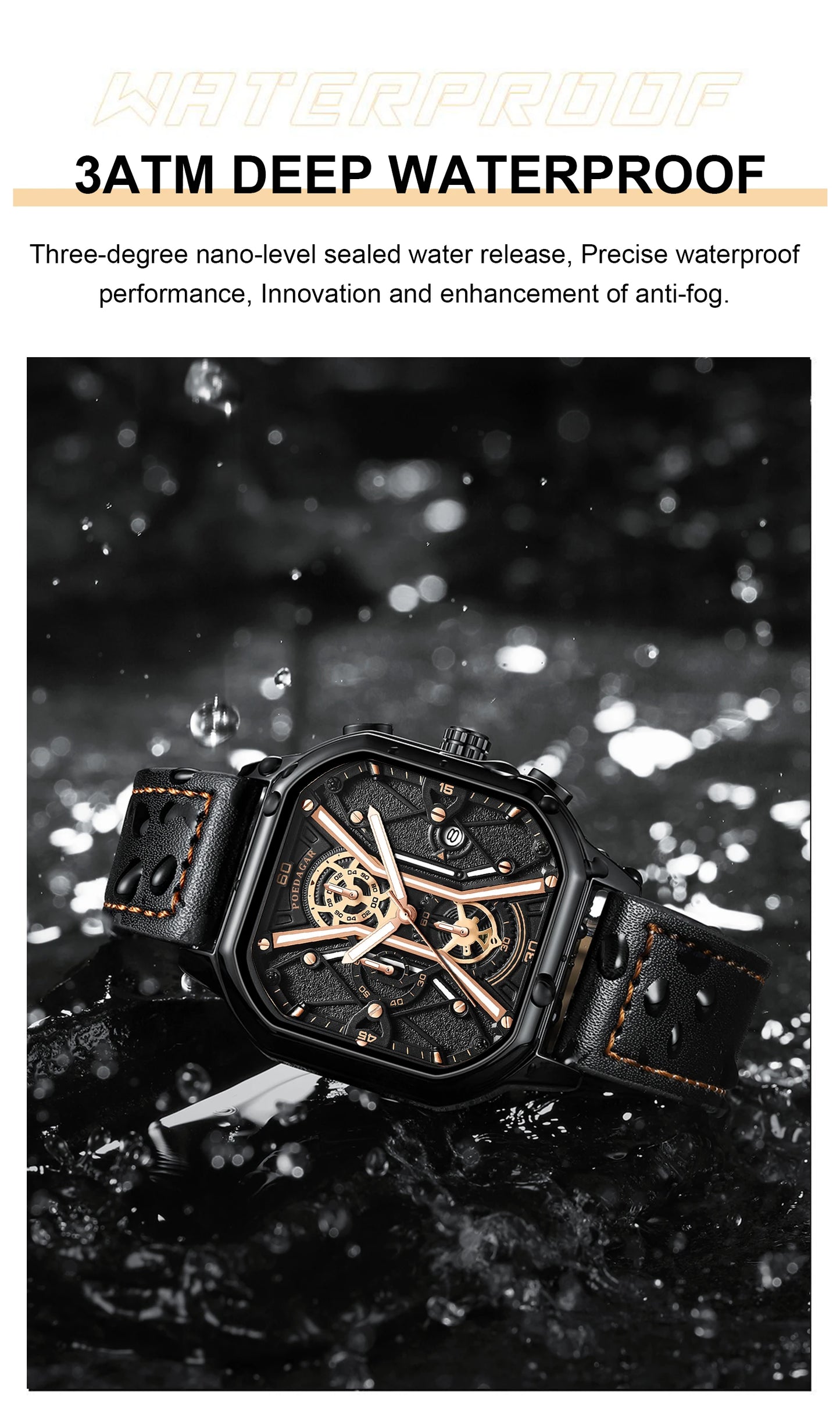 Square Chronograph Watch – Full Calendar with Leather Strap & Luminous Dial