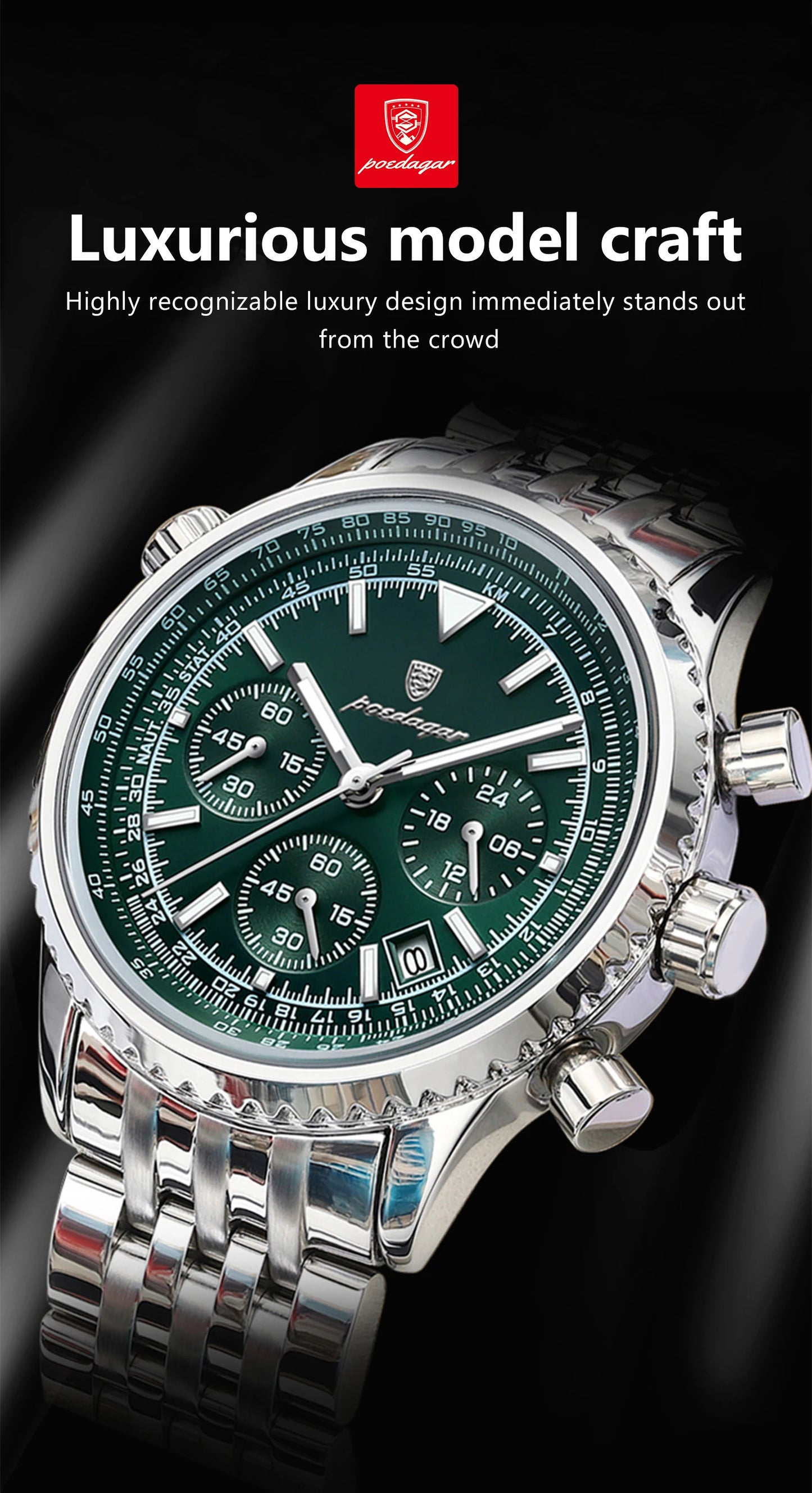 Chronograph Date Watch – Luminous Numberless Dial with Hidden Clasp Bracelet