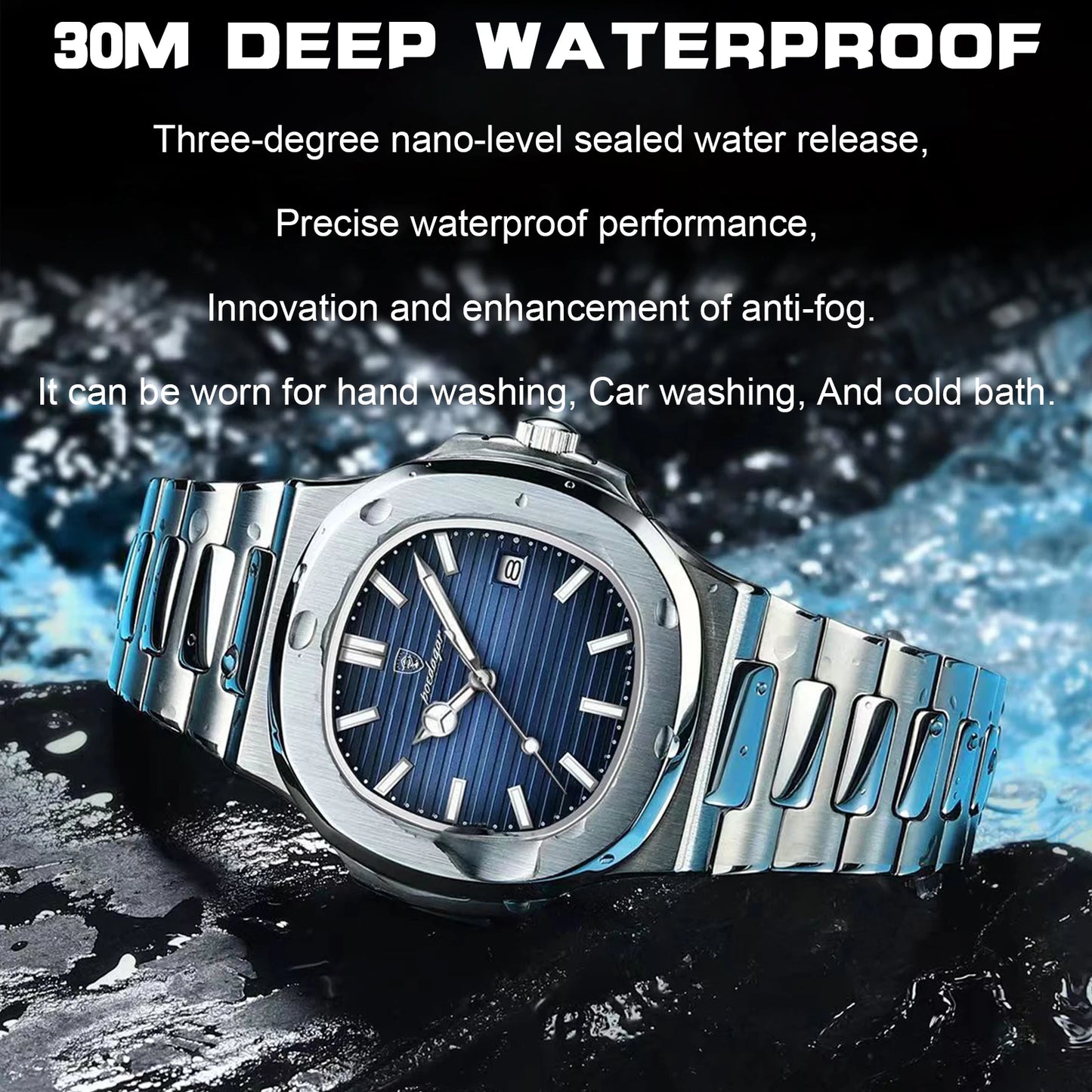 Square Business Watch – Luminous Numberless Dial with Hidden Clasp