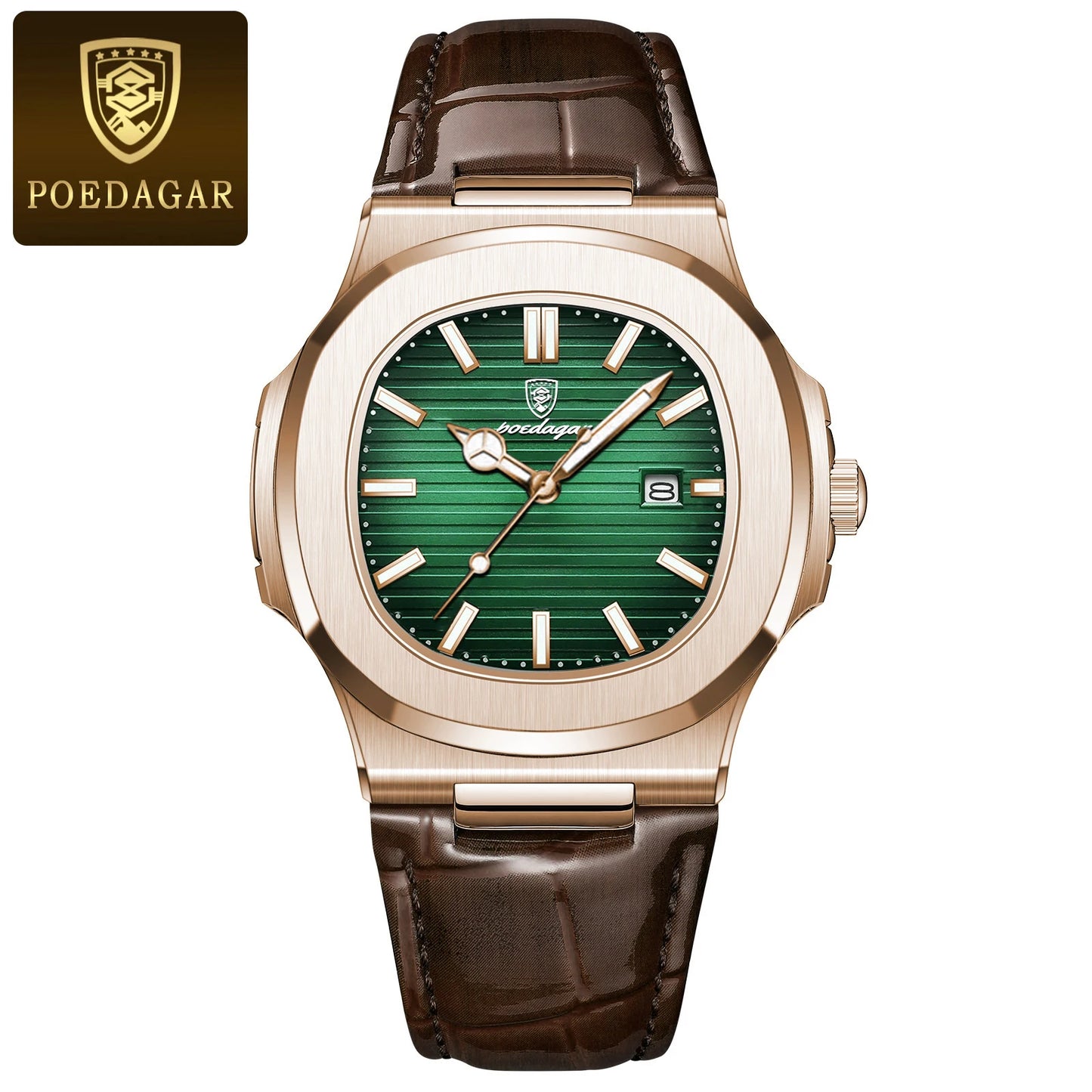 Square Leather Watch – Luminous Dial with Date & Classic Buckle
