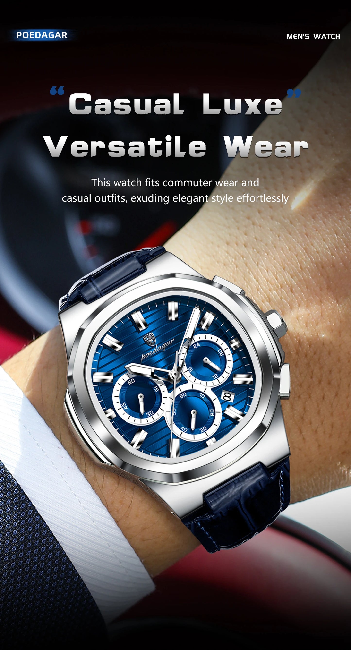 Square Chronograph Watch – Luxe Leather Strap with Luminous Dial & Date