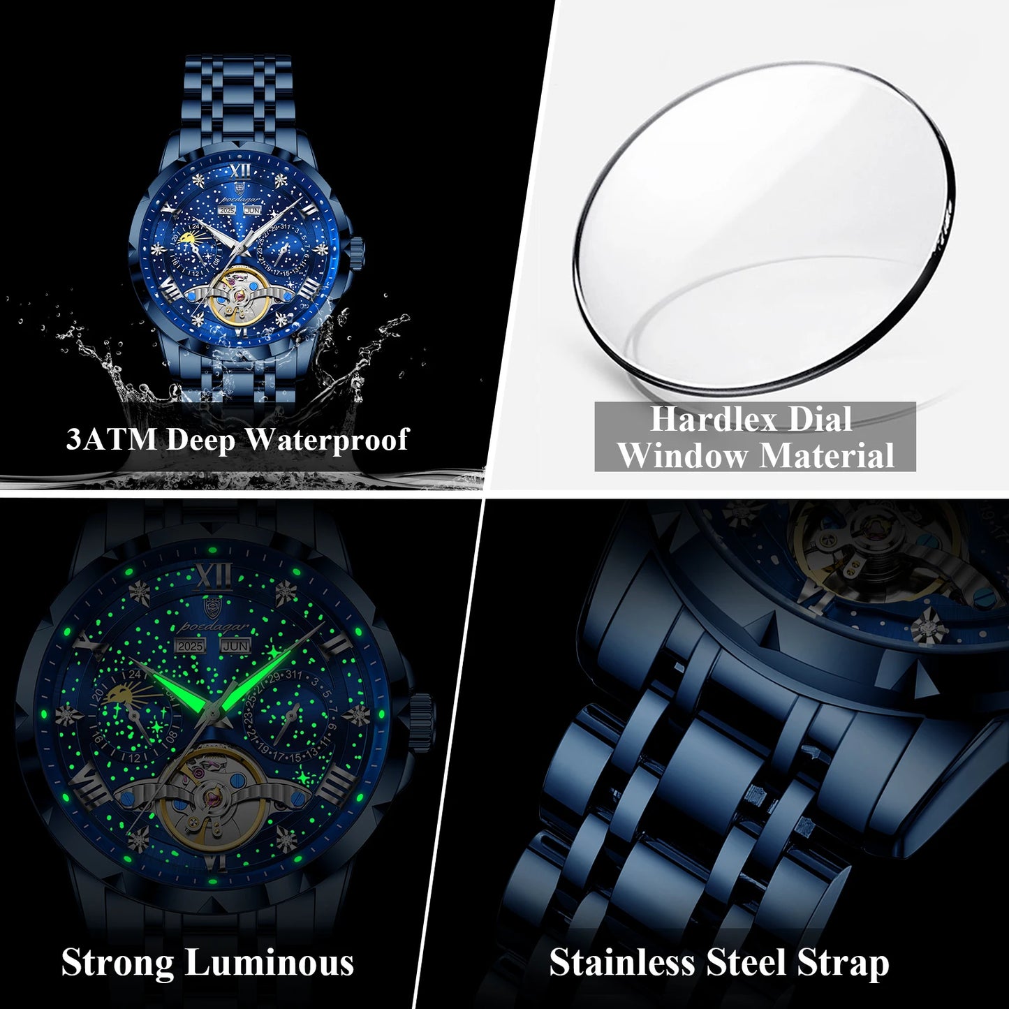 Automatic Skeleton Watch – Tourbillon Style with Roman Numeral Dial & Full Calendar