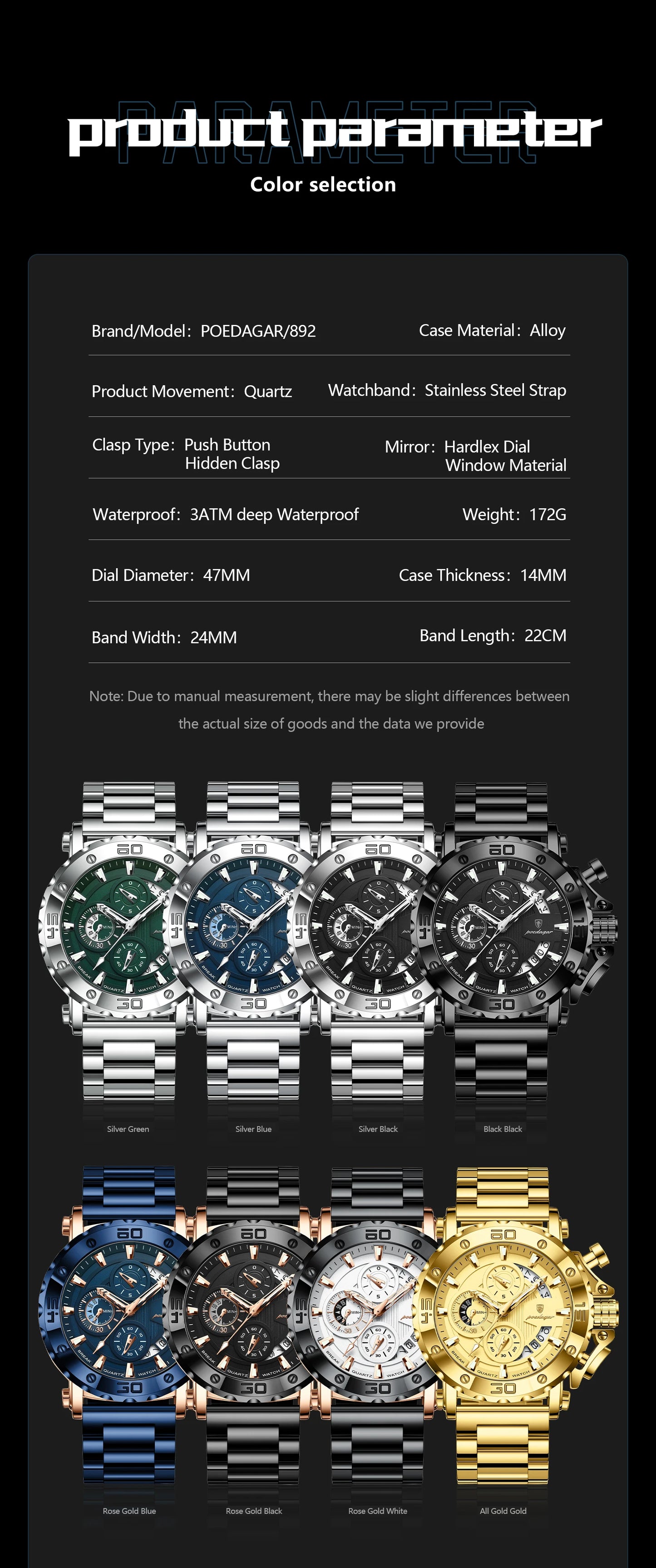 Large Chronograph Watch – Luminous Numberless Dial with Hidden Clasp