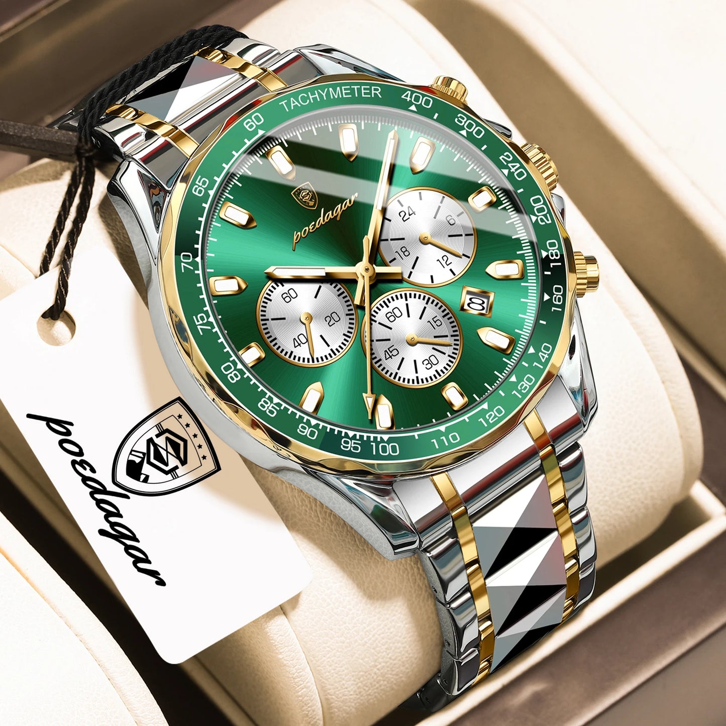 Chronograph Date Watch – Luminous Dial with Hidden Clasp Bracelet