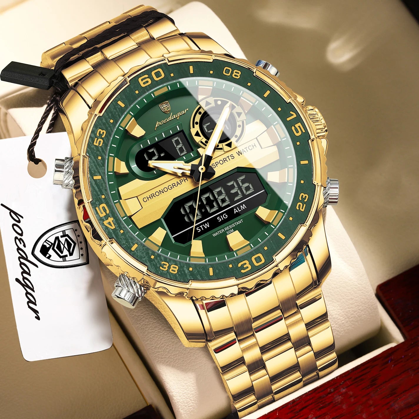 Square Chronograph Watch – Large Numberless Dial with Hidden Clasp Bracelet