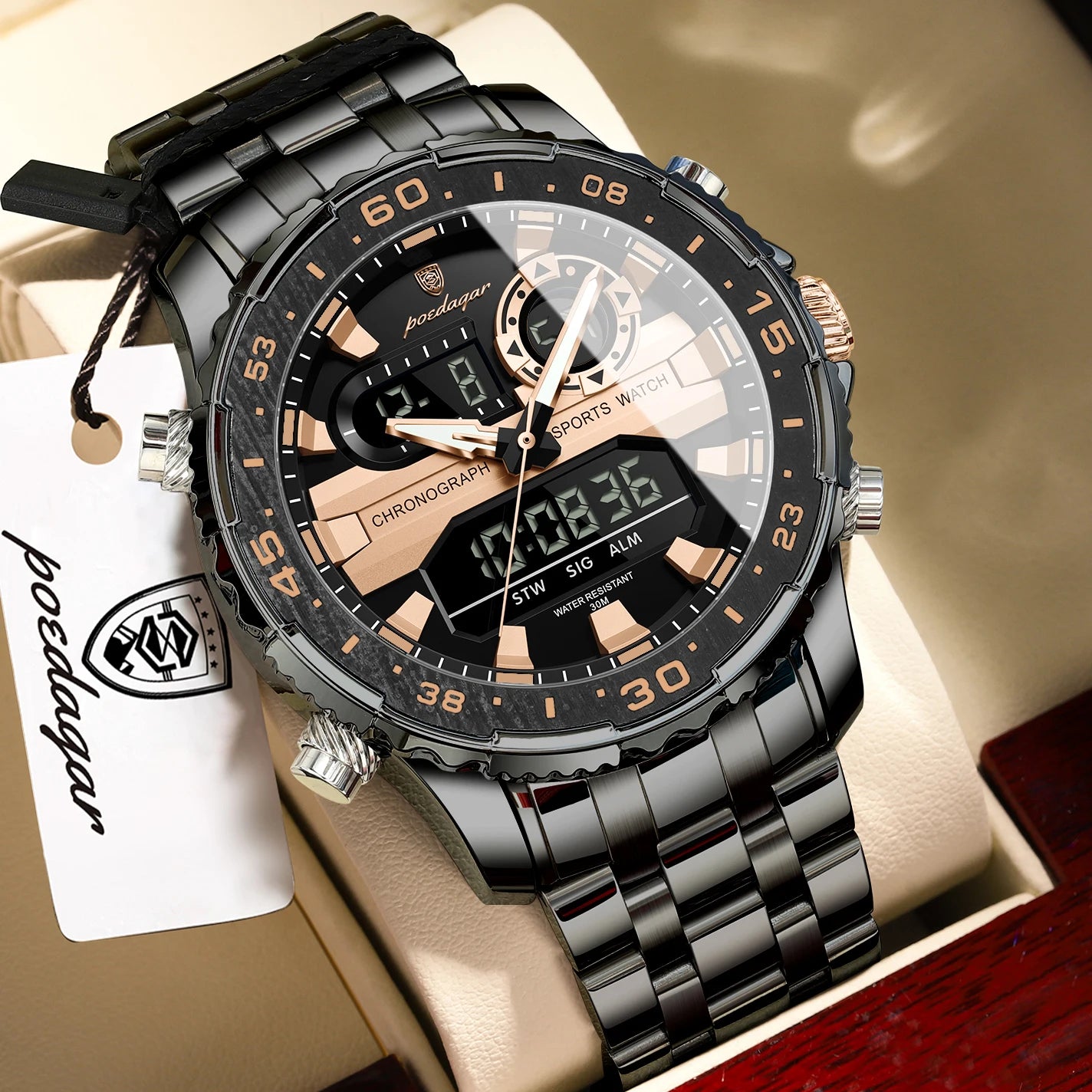 Square Chronograph Watch – Large Numberless Dial with Hidden Clasp Bracelet