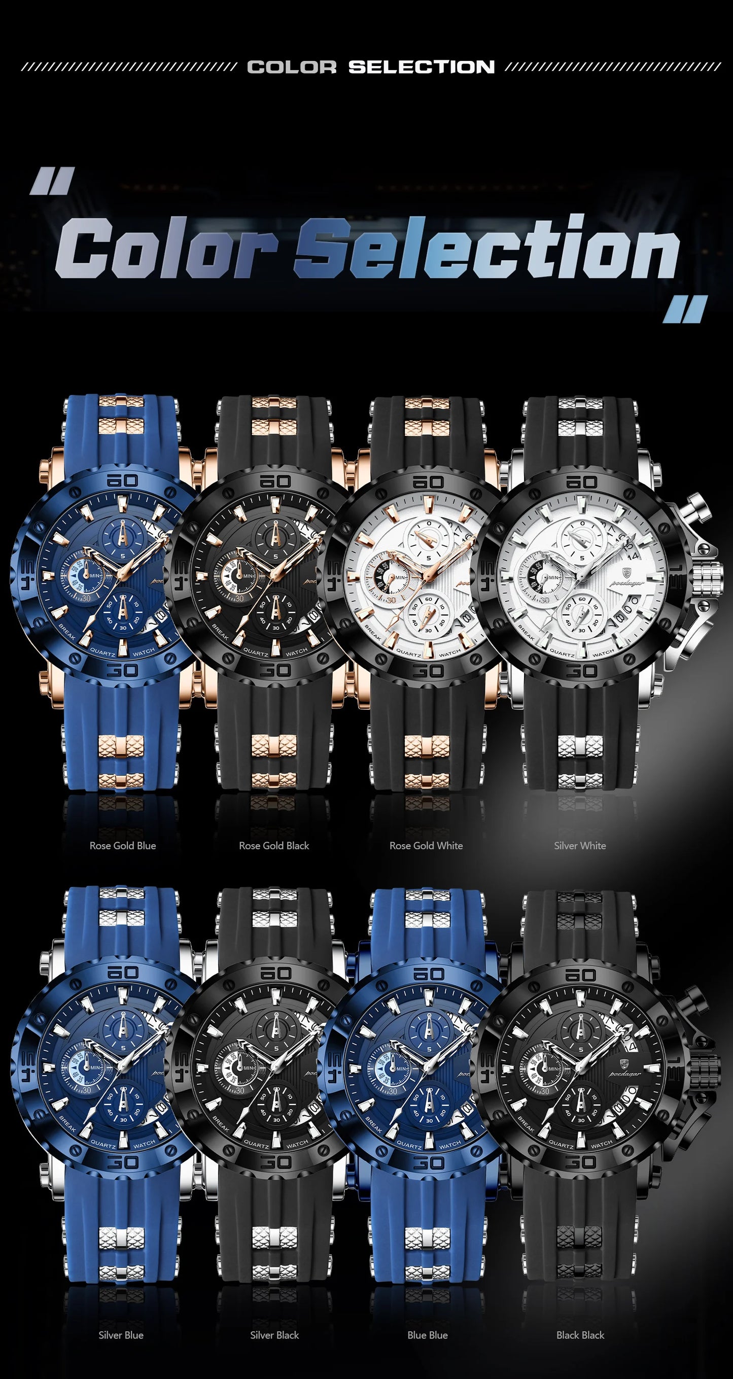 Large Chronograph Sport Watch – Full Calendar with Silicone Strap & Luminous Dial