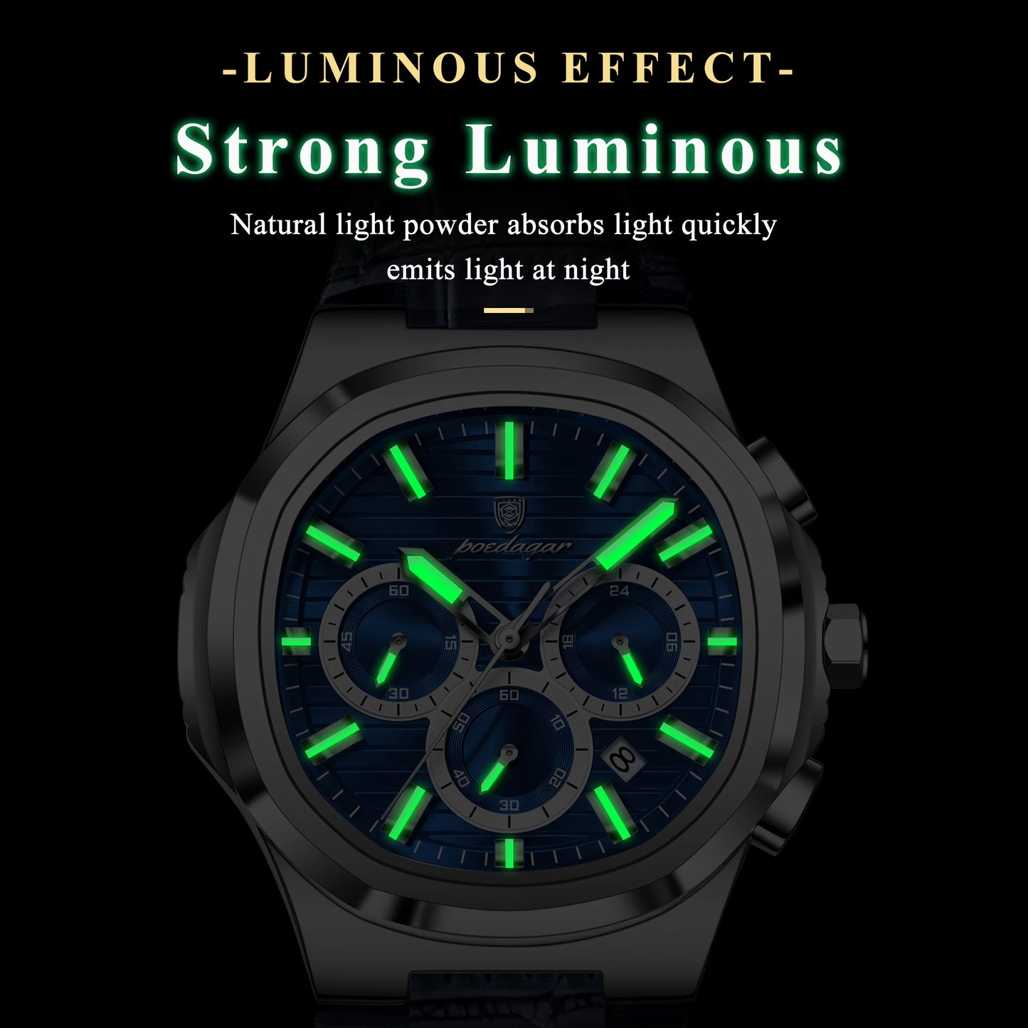 Square Chronograph Watch – Luxe Leather Strap with Luminous Dial & Date