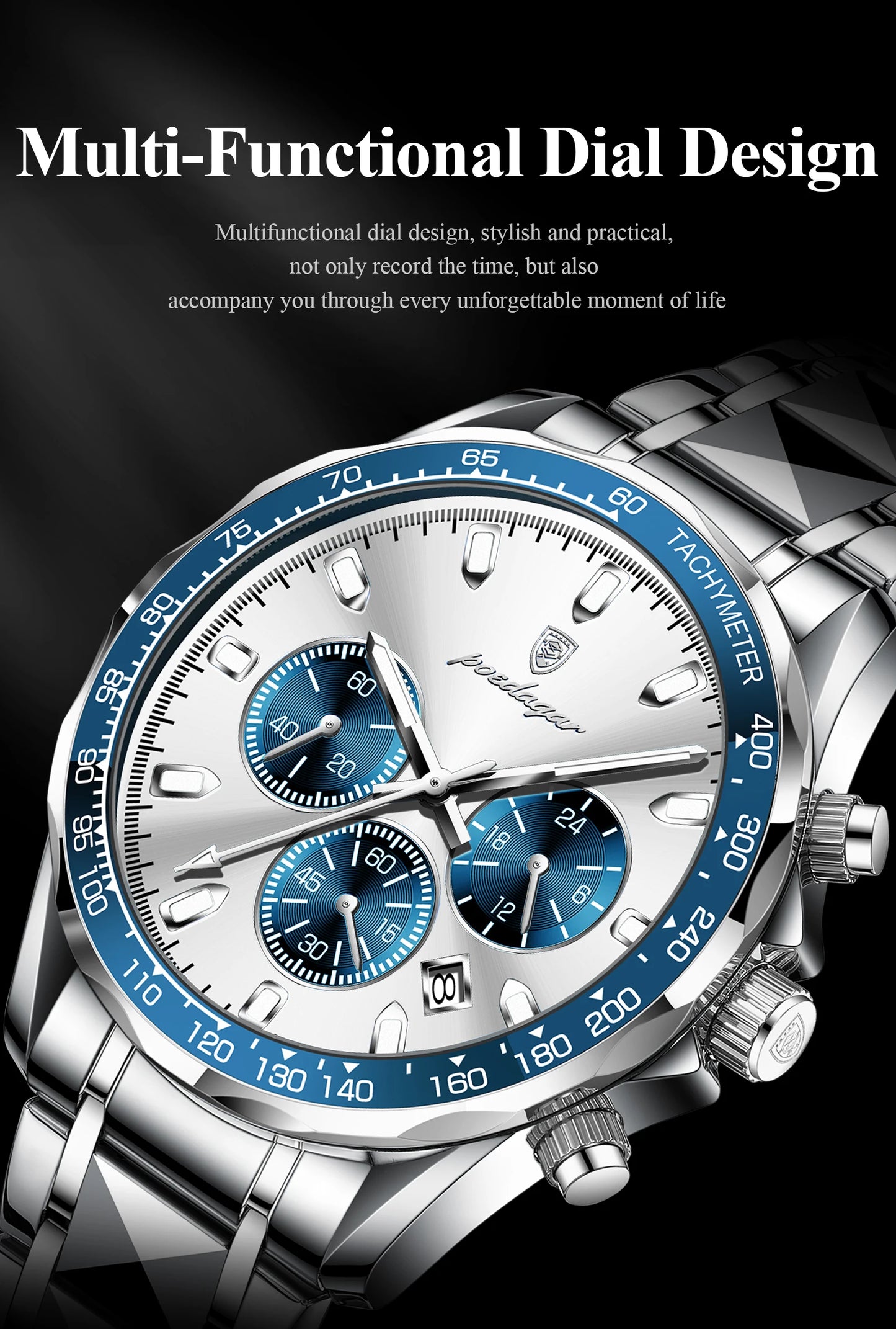 Chronograph Date Watch – Luminous Dial with Hidden Clasp Bracelet