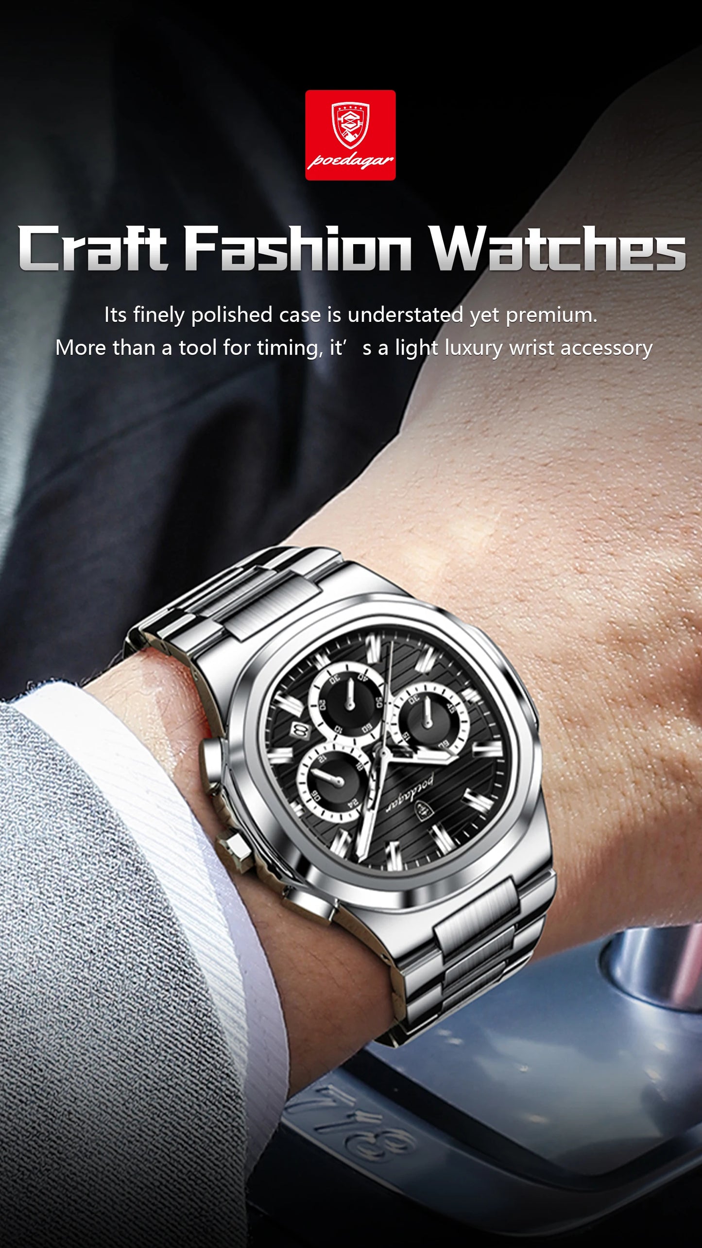 Square Chronograph Watch – Large Numberless Dial with Hidden Clasp Bracelet