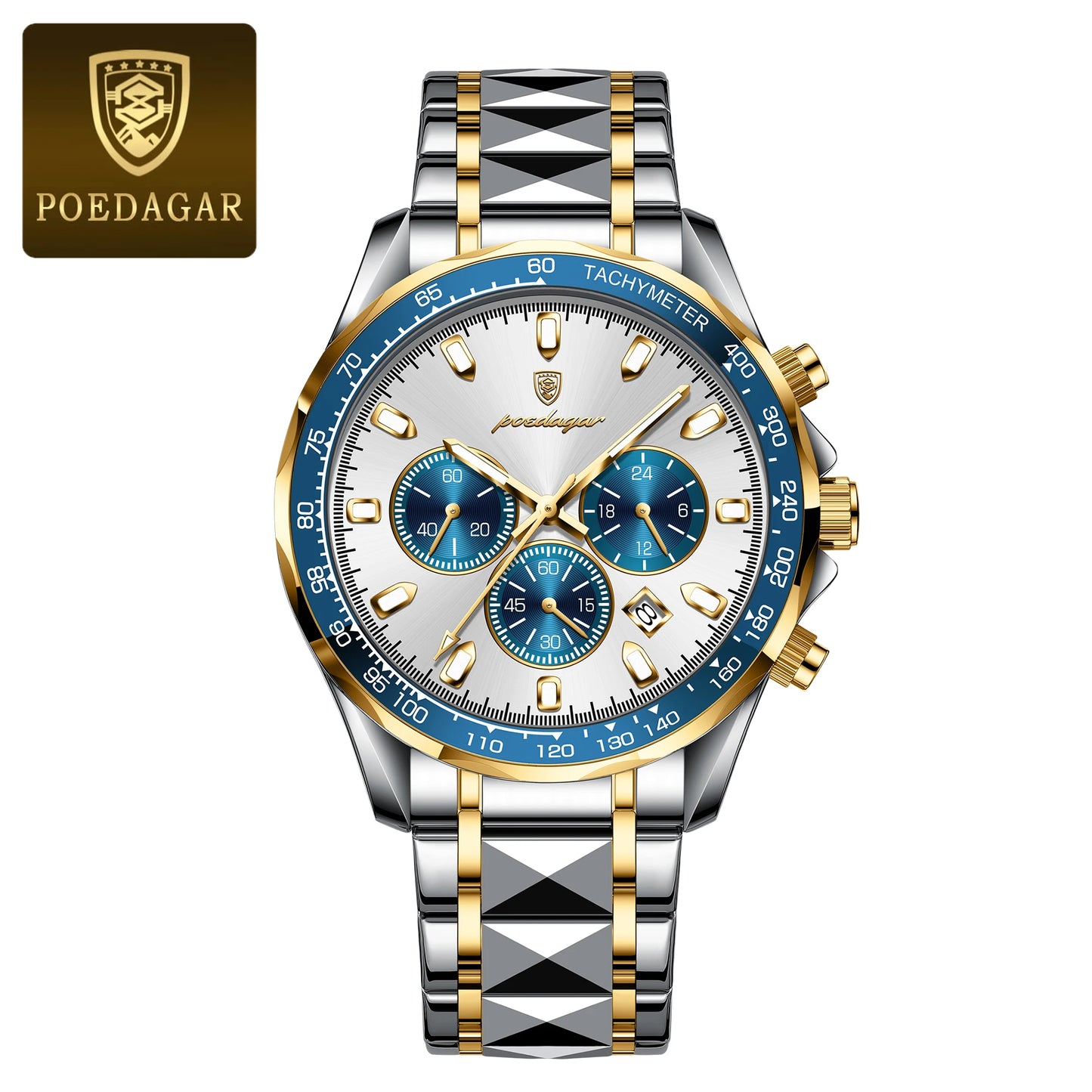 Chronograph Date Watch – Luminous Dial with Hidden Clasp Bracelet