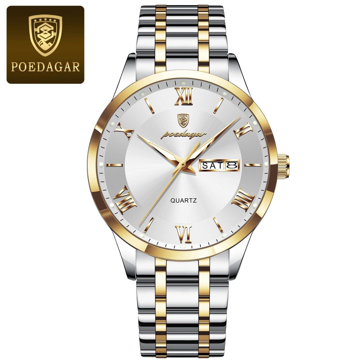 Roman Numeral Full Calendar Watch – Luminous Dial with Hidden Clasp Bracelet