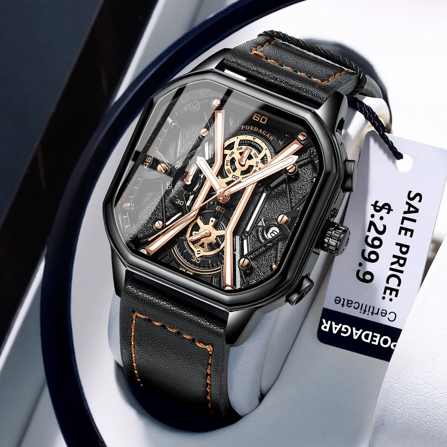 Square Chronograph Watch – Full Calendar with Leather Strap & Luminous Dial