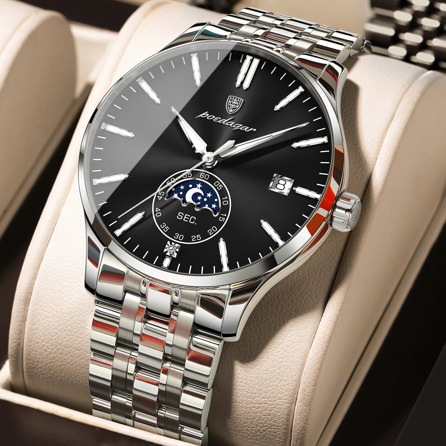 Round Business Chronograph – Slim Stainless Steel Watch with Luminous Hands & Date