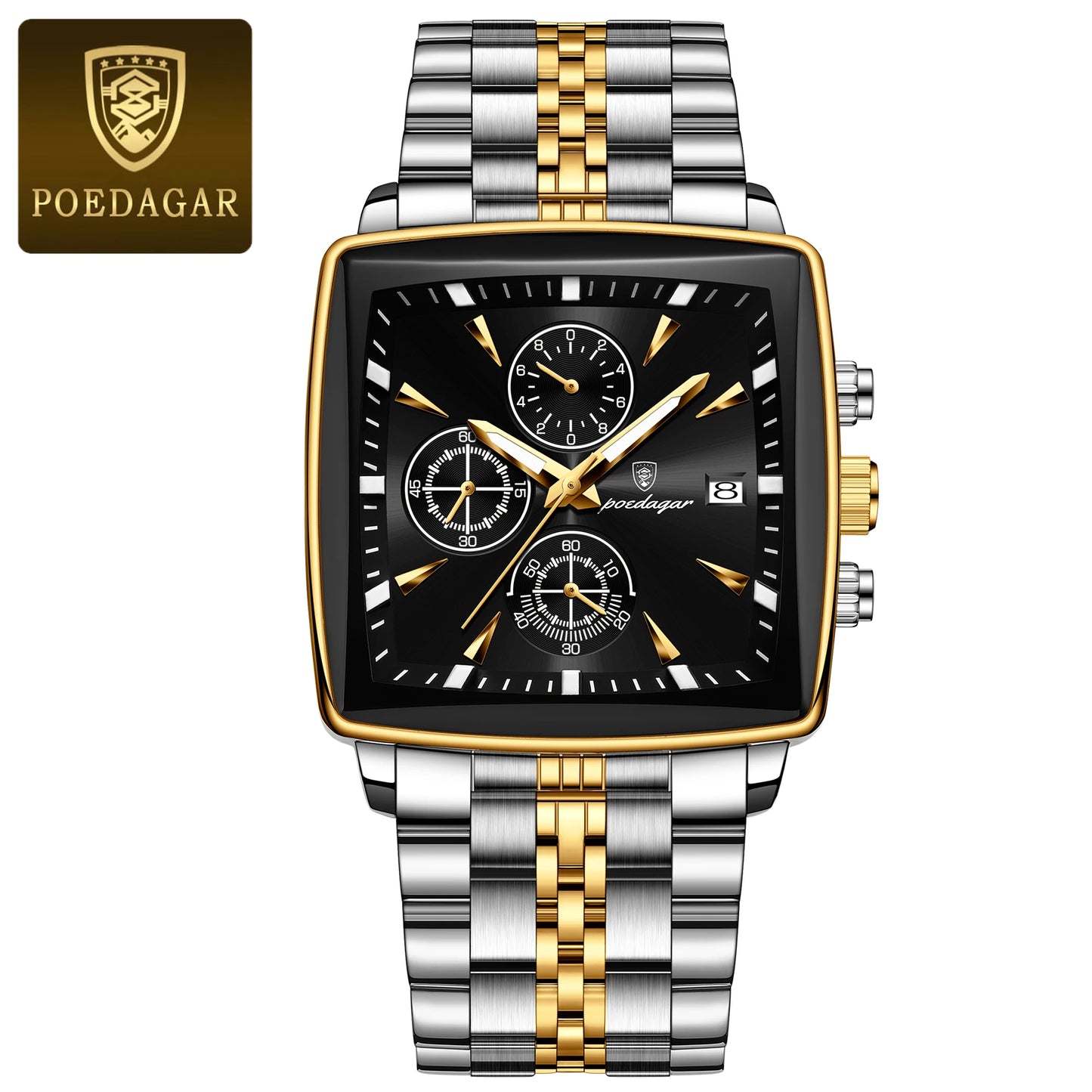 Square Chronograph Watch – Luminous Numberless Dial with Hidden Clasp Bracelet