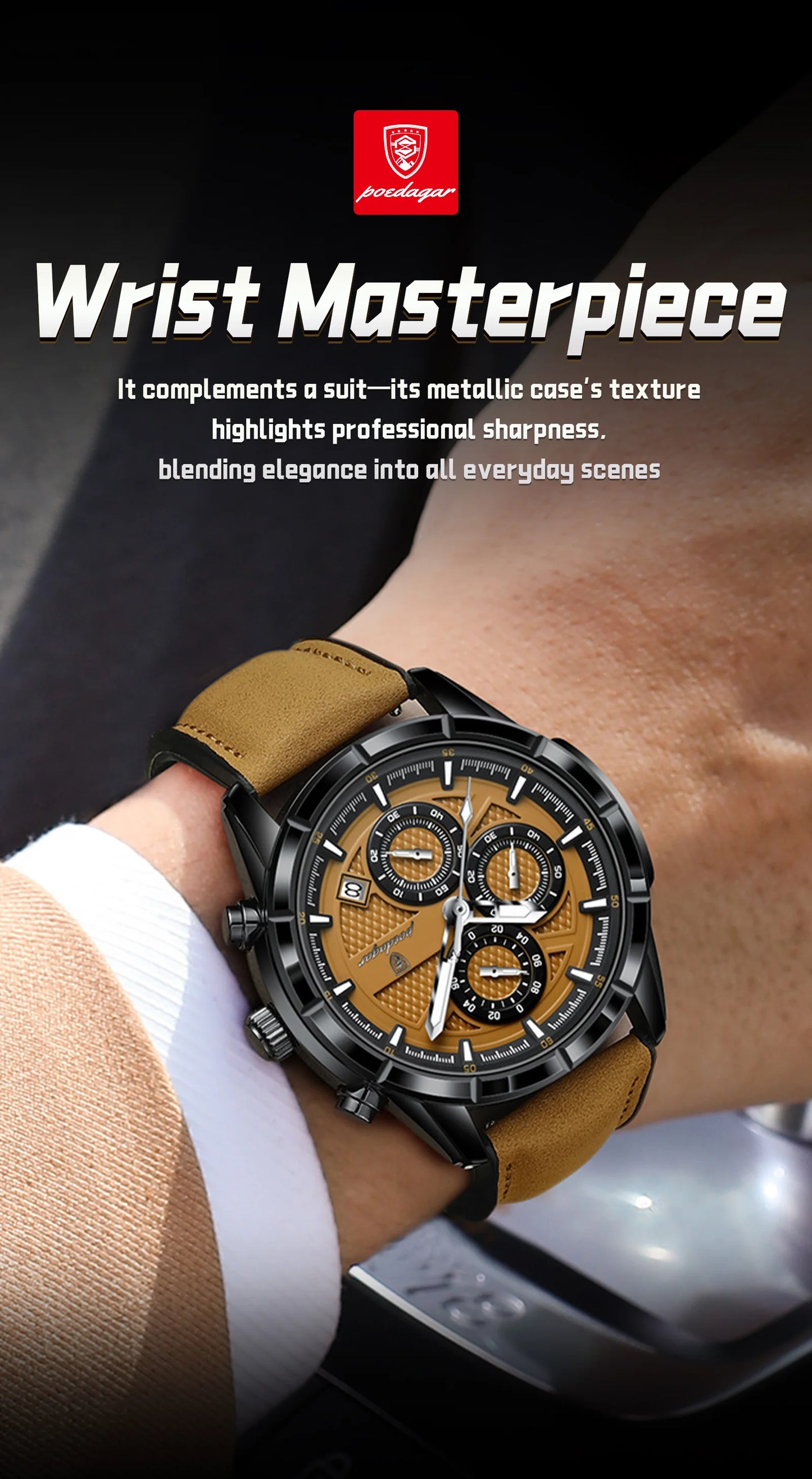 Large Chronograph Watch – Arabic Dial with Leather Strap & Date