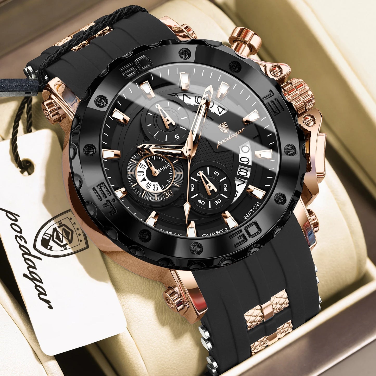 Large Chronograph Sport Watch – Full Calendar with Silicone Strap & Luminous Dial