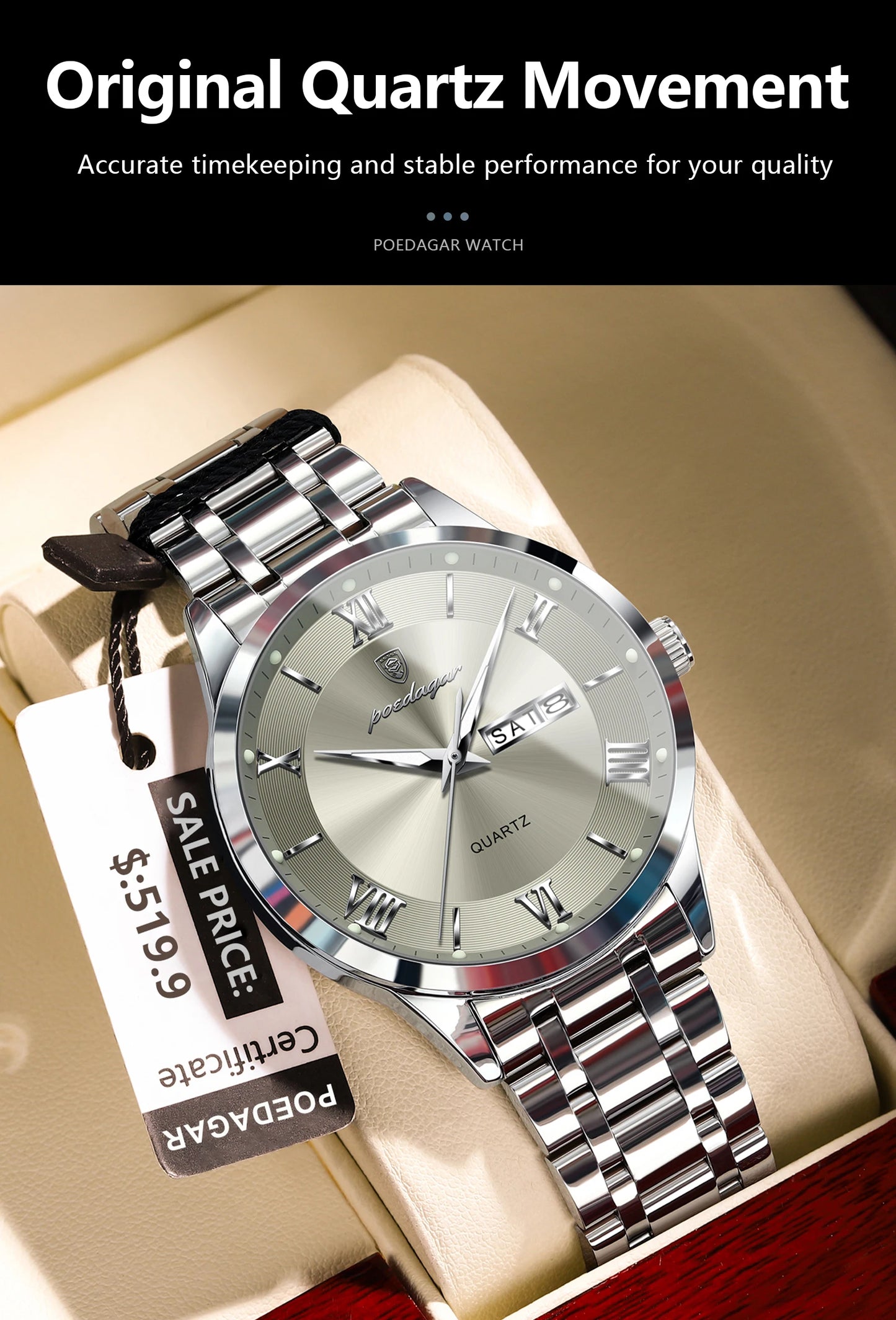 Roman Numeral Full Calendar Watch – Luminous Dial with Date, Week & Hidden Clasp