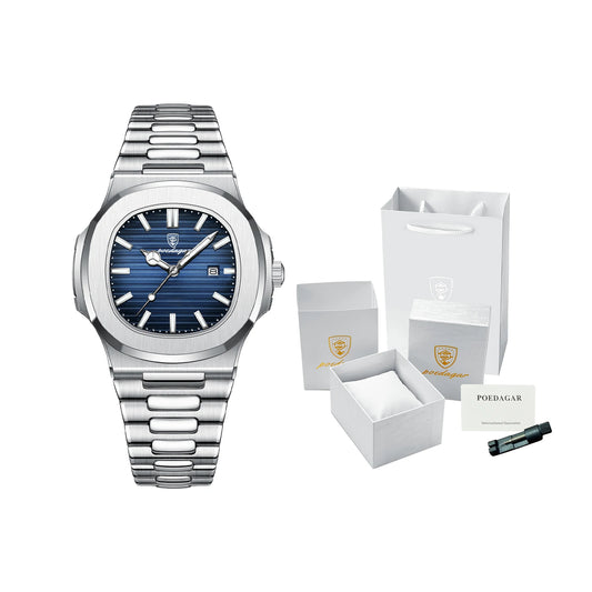 Square Stainless Steel Gift Set – Date Display with Luminous Dial & Hidden Clasp