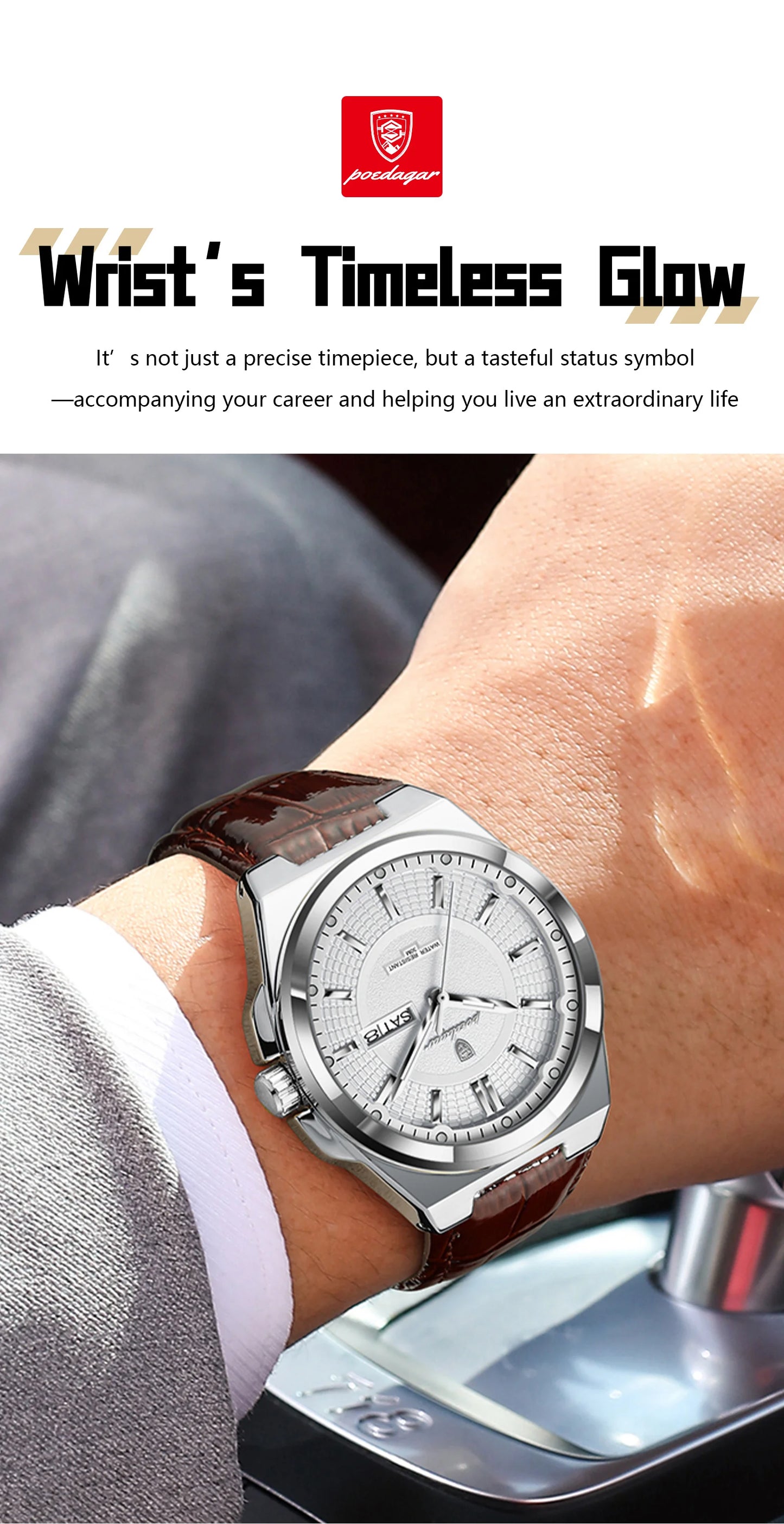 Full Calendar Leather Watch – Luminous Dial with Date & Week Display