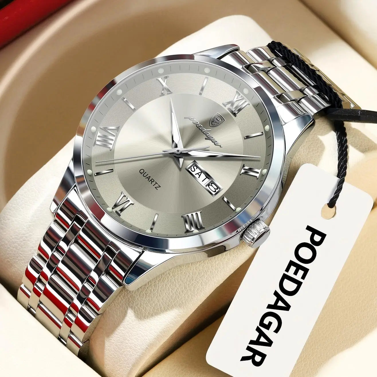 Roman Numeral Full Calendar Watch – Luminous Dial with Hidden Clasp Bracelet