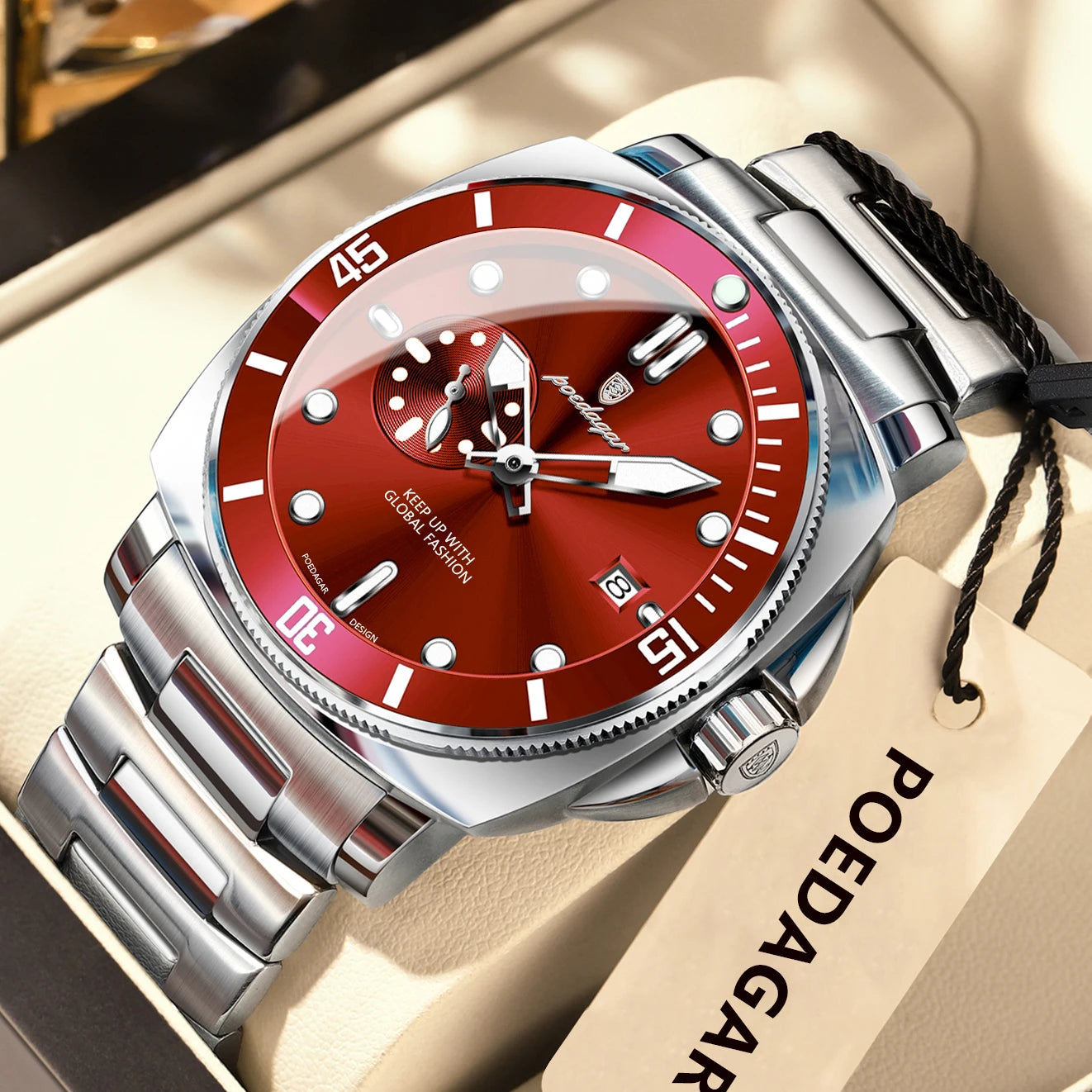 Business Date Watch – Luminous Numberless Dial with Hidden Clasp Bracelet