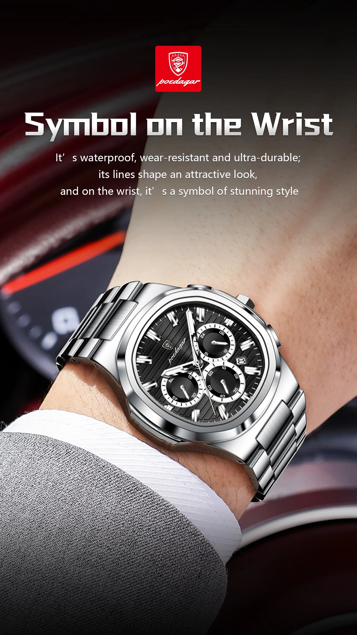 Square Chronograph Watch – Large Numberless Dial with Hidden Clasp Bracelet