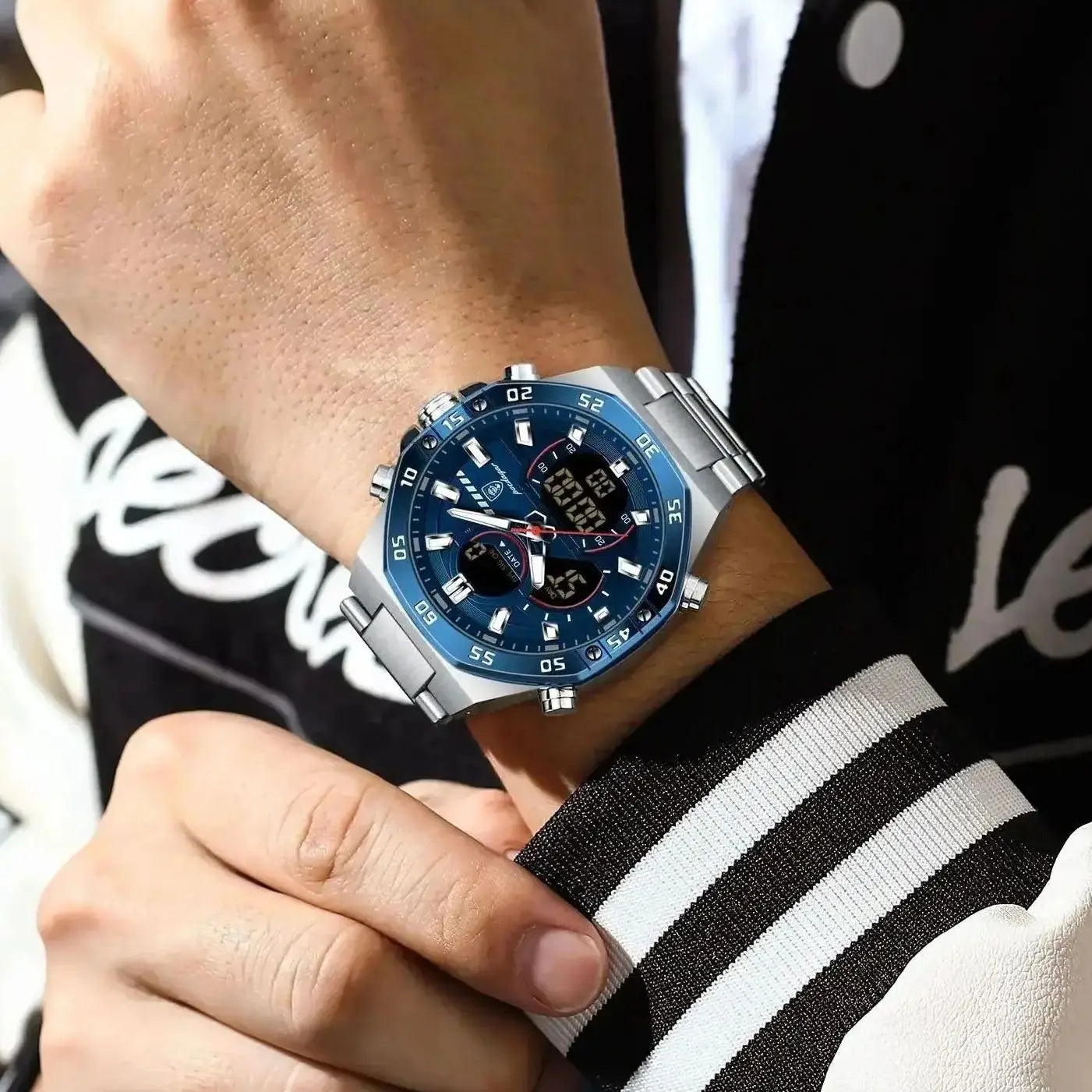 LED Analog-Digital Chronograph Watch – Full Calendar with Alarm & Bracelet