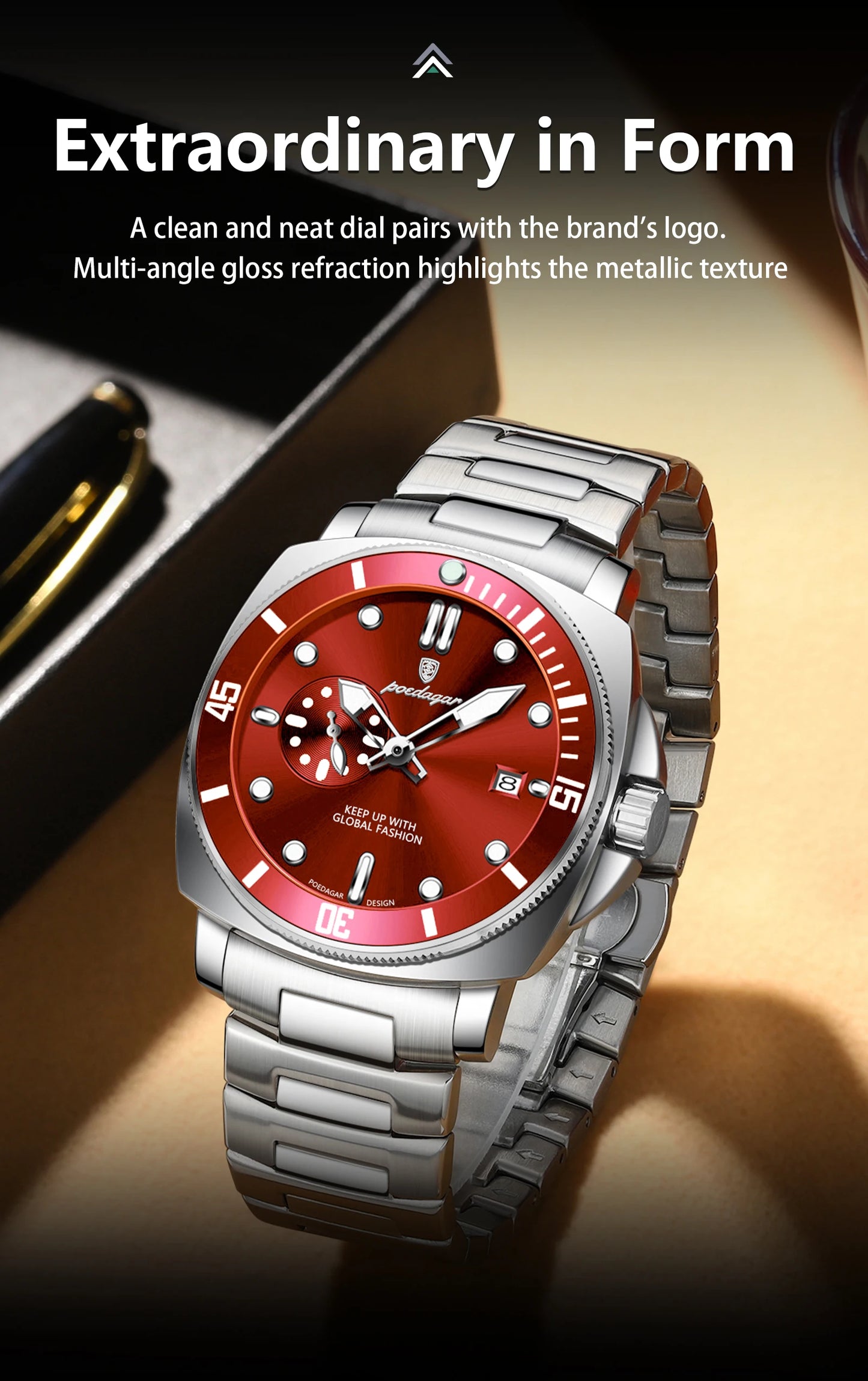 Business Date Watch – Luminous Numberless Dial with Hidden Clasp Bracelet
