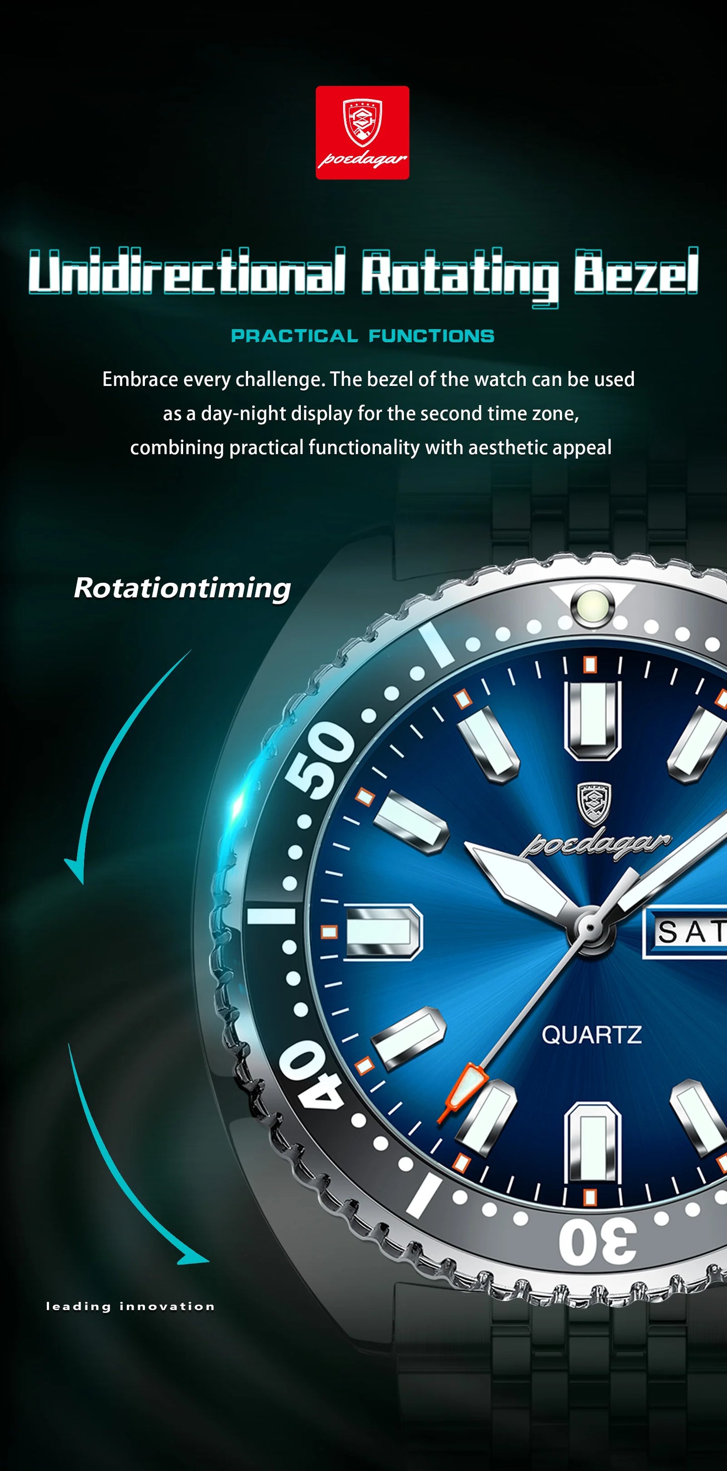 Large Full Calendar Watch – Luminous Numberless Dial with Hidden Clasp Bracelet