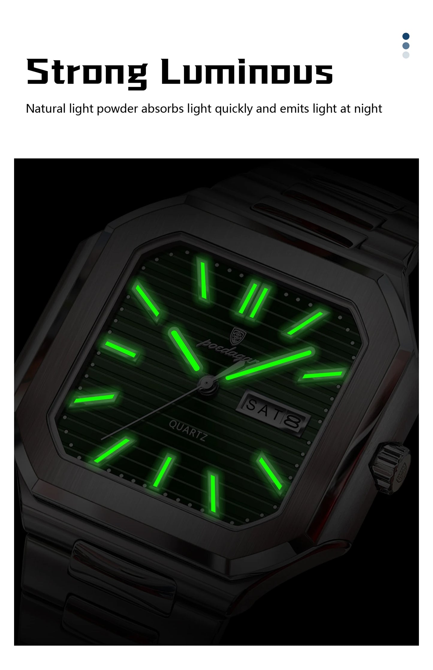 Square Stainless Steel Watch – Luminous Numberless Dial with Hidden Clasp