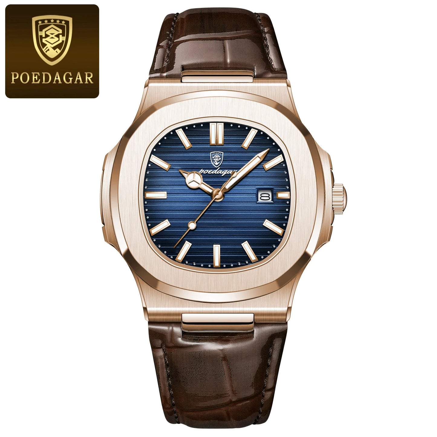 Square Leather Watch – Luminous Dial with Date & Classic Buckle