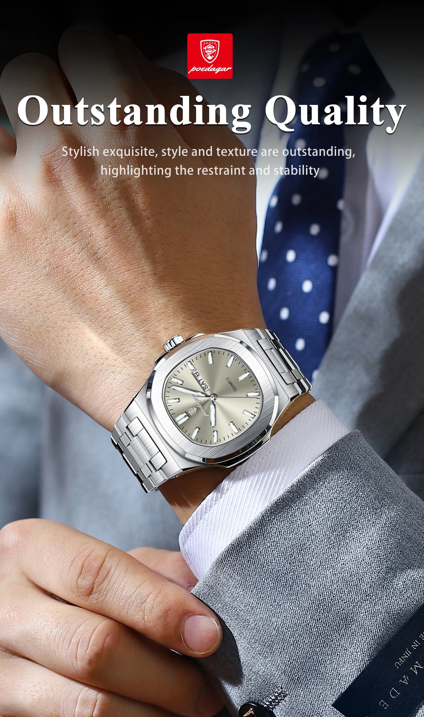 Square Full Calendar Watch – Date & Week Display with Hidden Clasp Bracelet