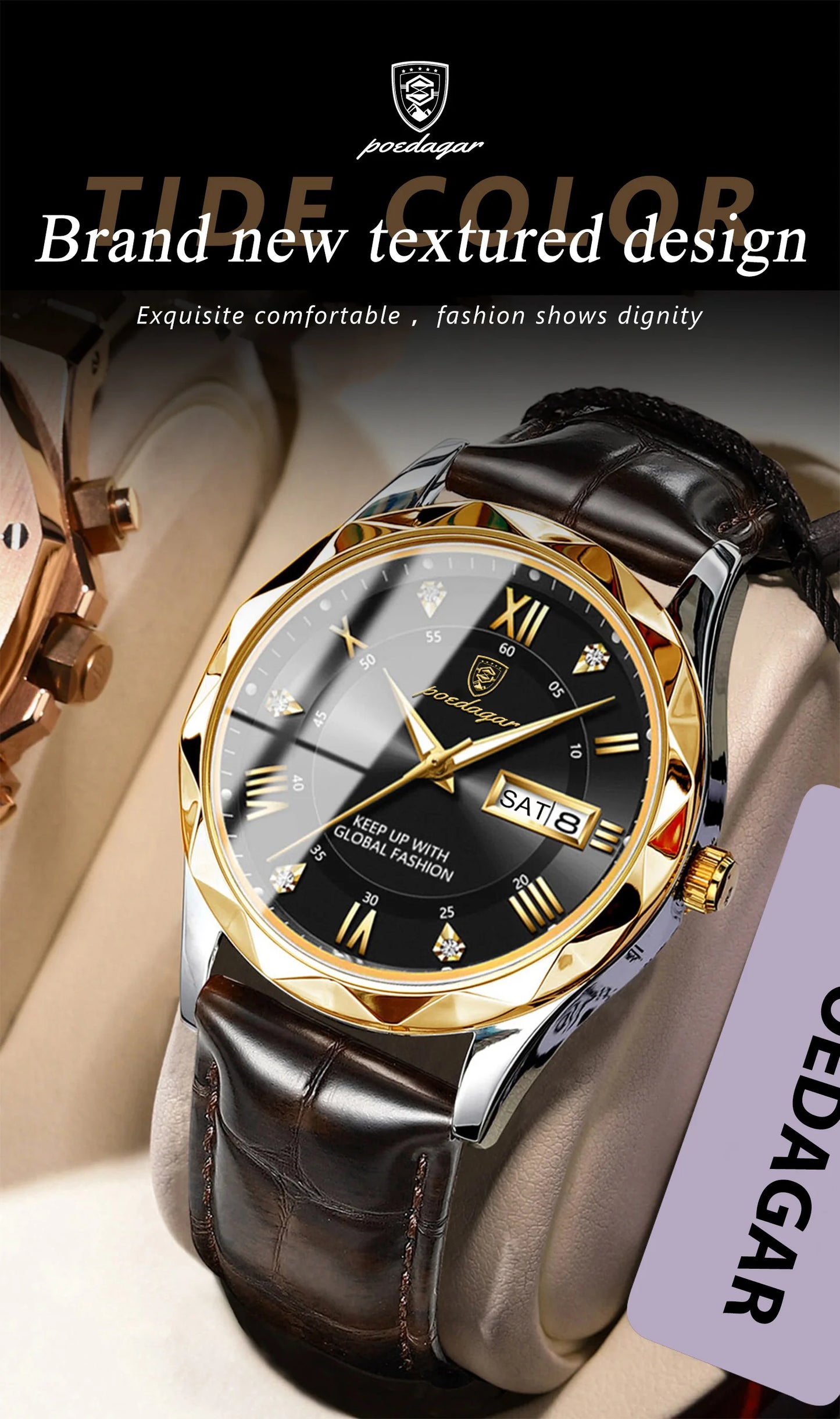 Roman Numeral Full Calendar Watch – Leather Strap with Date, Week & Luminous Dial