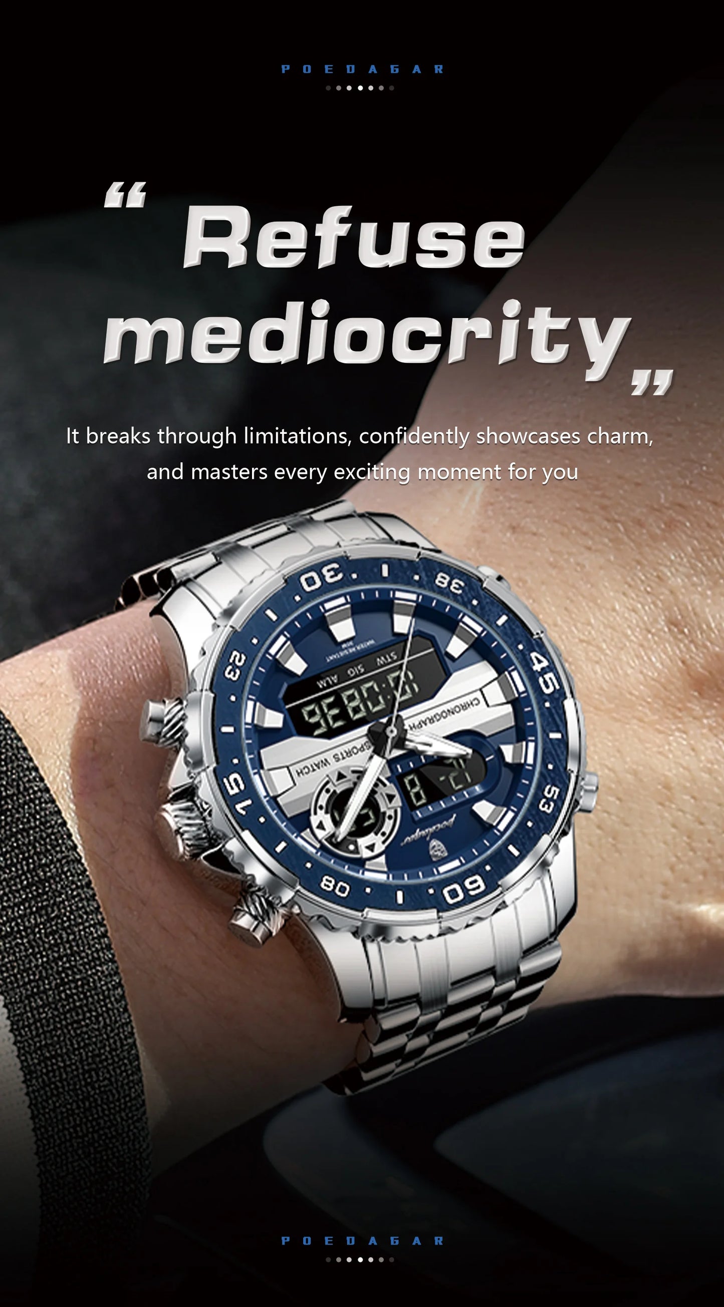 Square Chronograph Watch – Large Numberless Dial with Hidden Clasp Bracelet