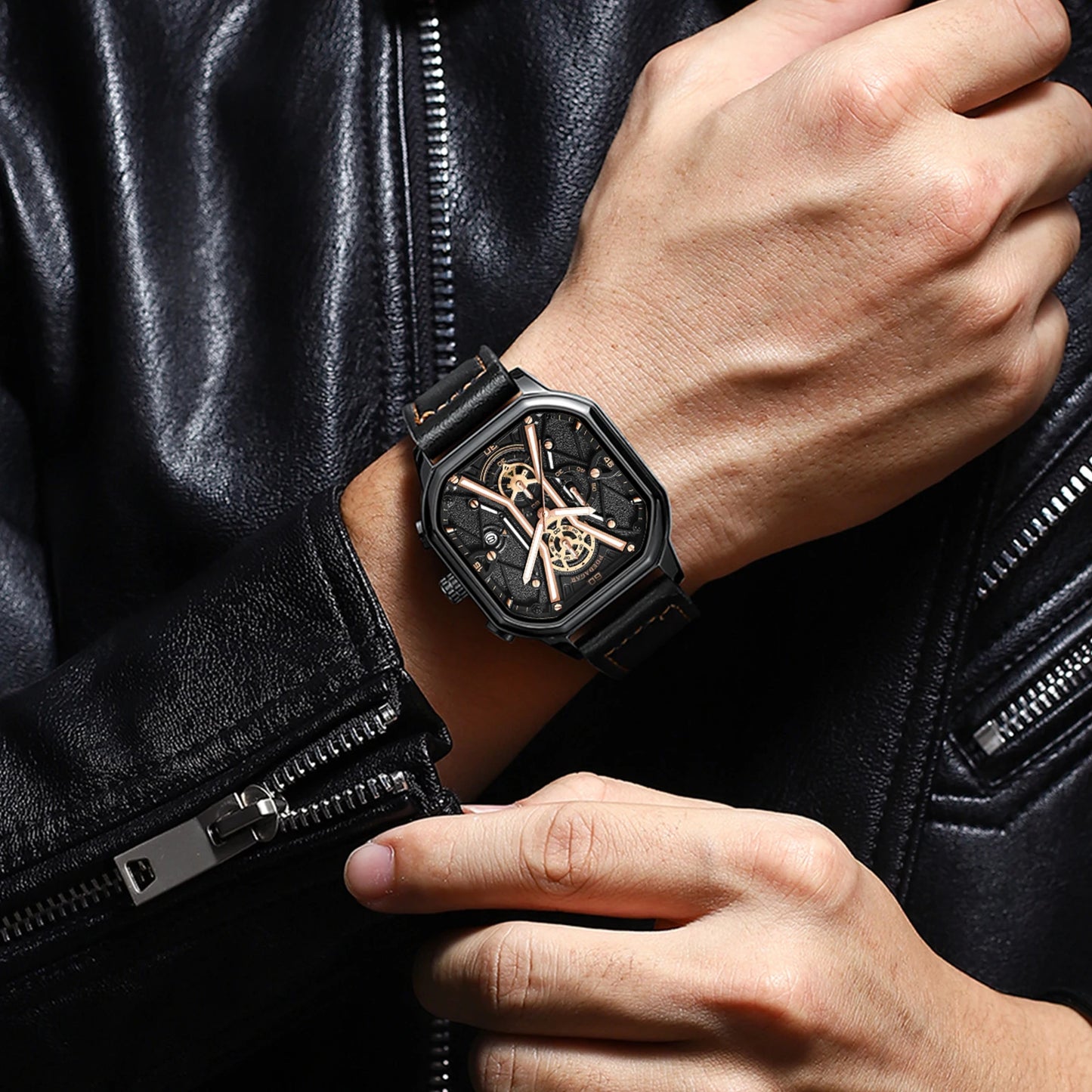 Square Chronograph Watch – Full Calendar with Leather Strap & Luminous Dial