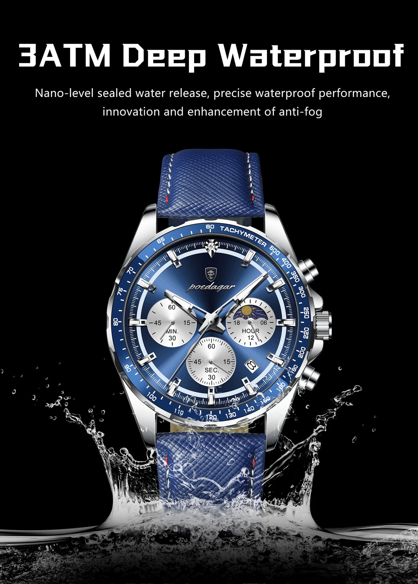 Premium Leather Chronograph Watch – Luminous Dial, Date Display, Quartz Movement