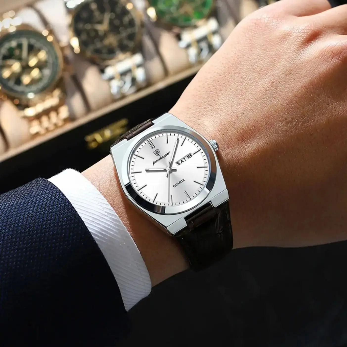 Full Calendar Leather Watch – Luminous Dial with Date, Week & Classic Buckle