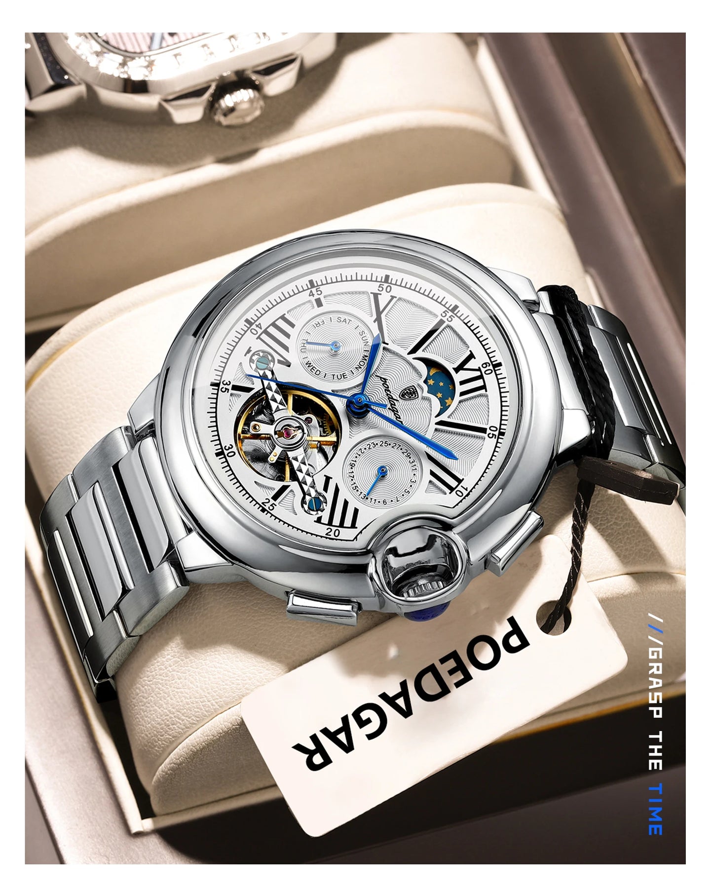 Automatic Skeleton Watch – Tourbillon Style with Moon Phase & Full Calendar