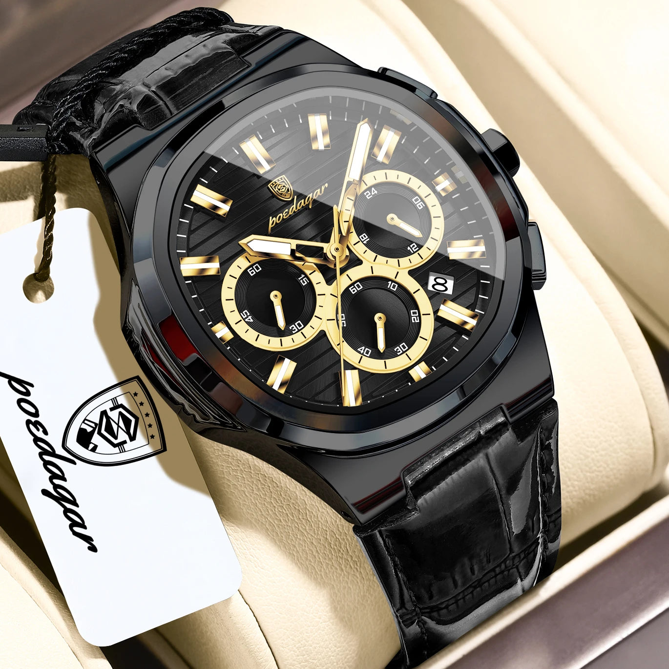 Square Chronograph Watch – Luxe Leather Strap with Luminous Dial & Date