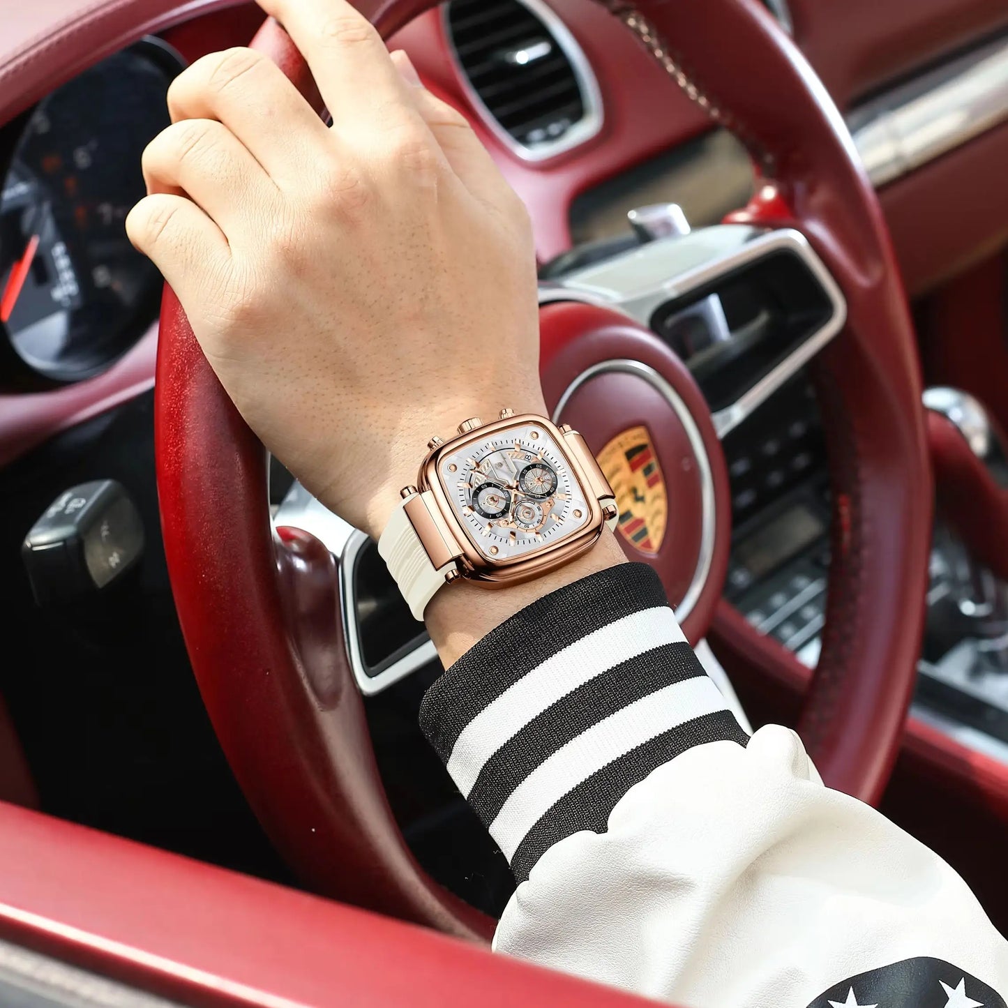 Square Chronograph Sport Watch – Luminous Dial with Silicone Strap & Date