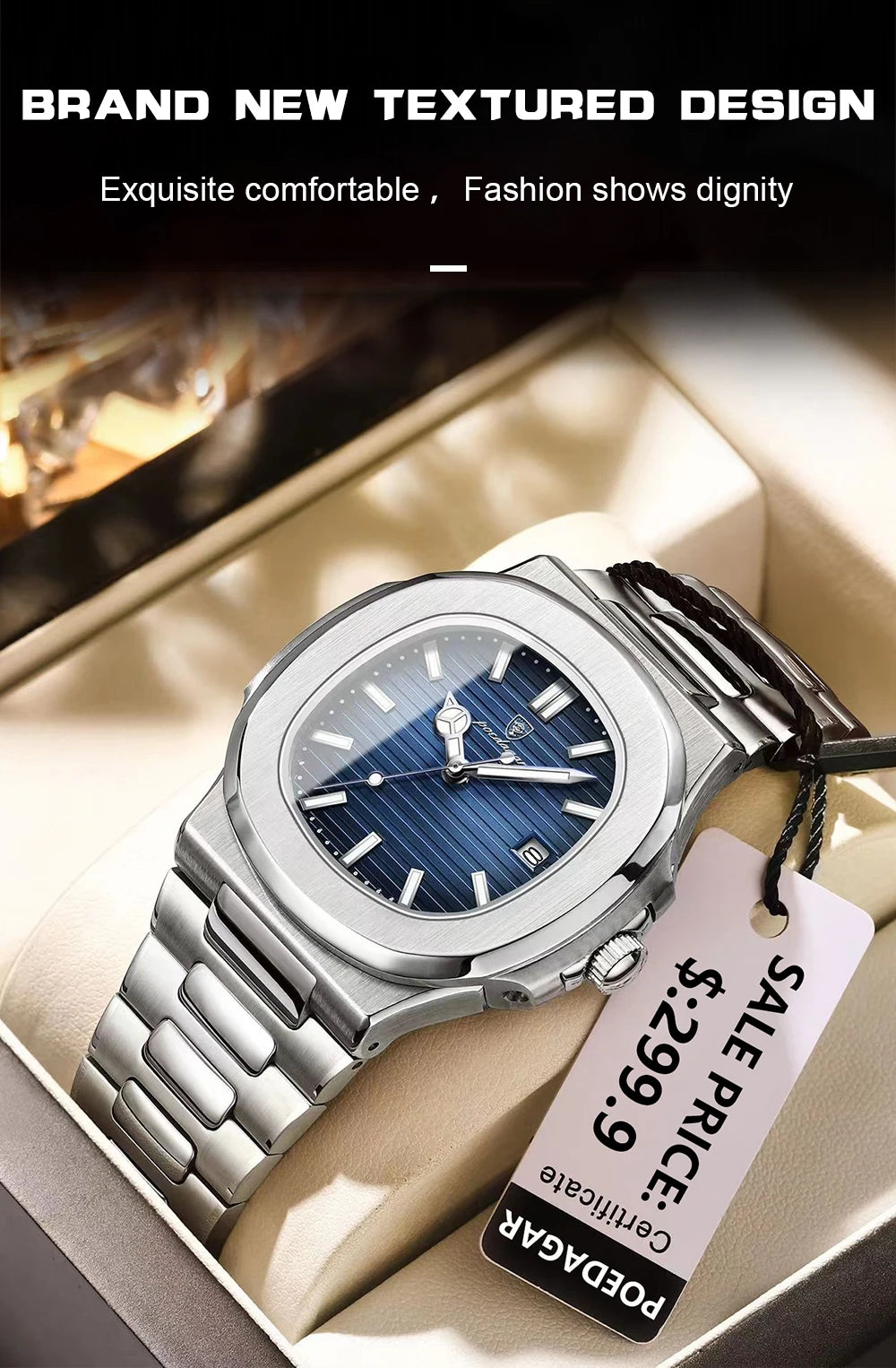 Square Business Watch – Luminous Numberless Dial with Hidden Clasp