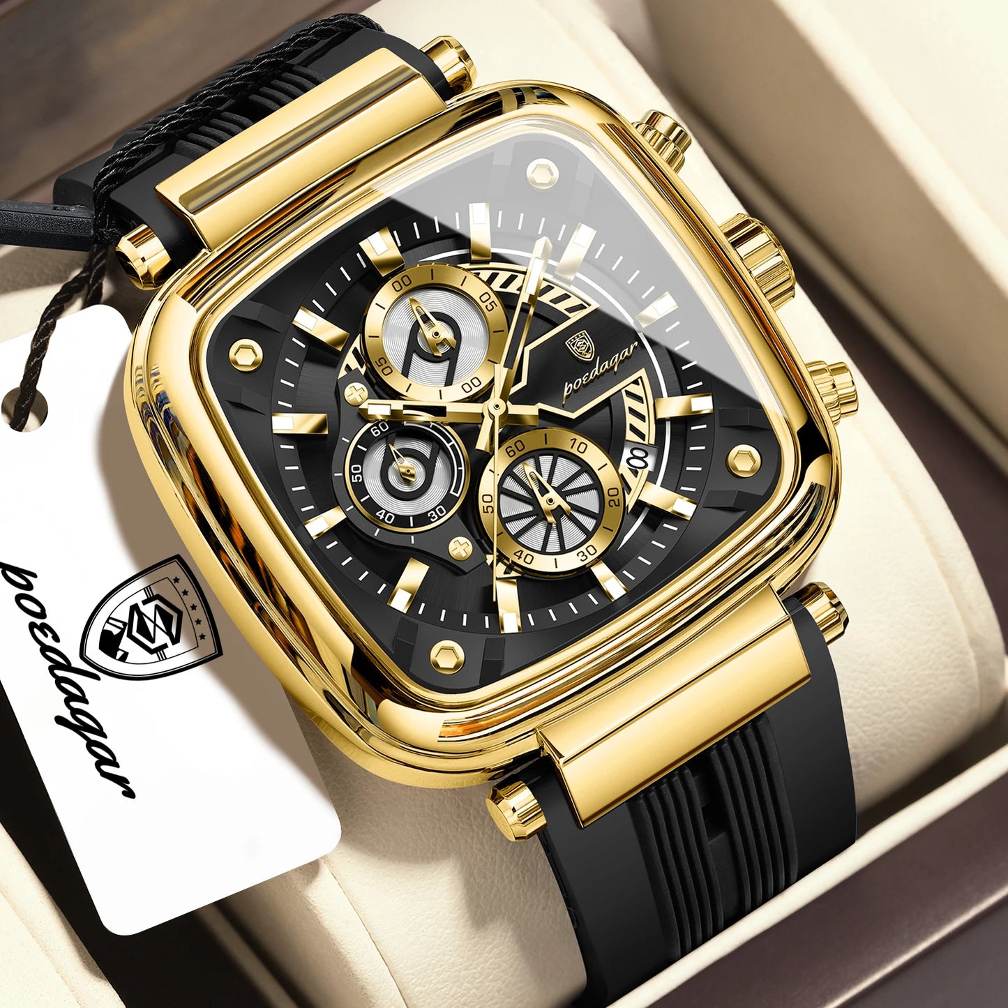 Square Chronograph Sport Watch – Luminous Dial with Silicone Strap & Date