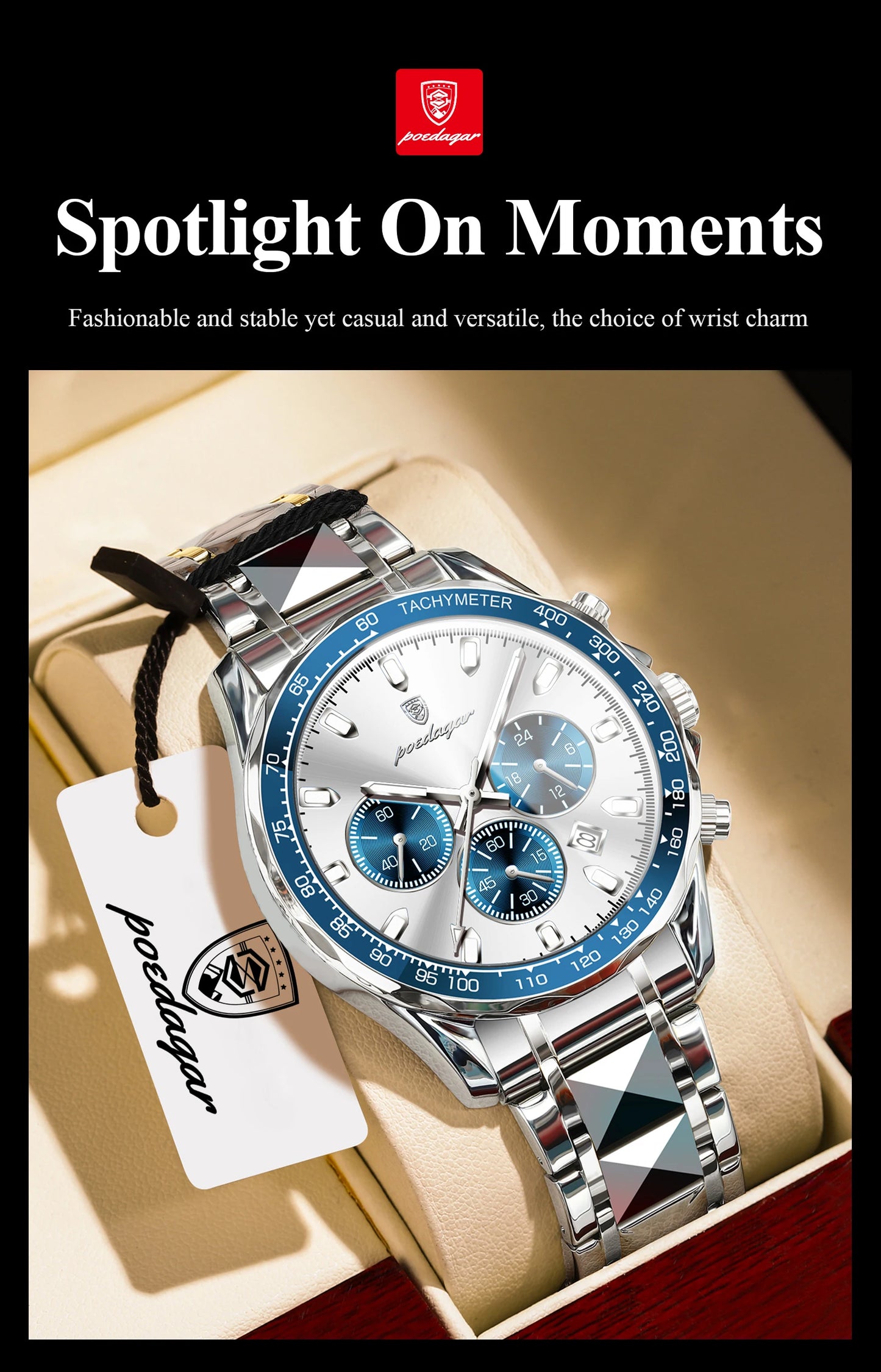 Chronograph Business Watch – Luminous Numberless Dial with Hidden Clasp Bracelet