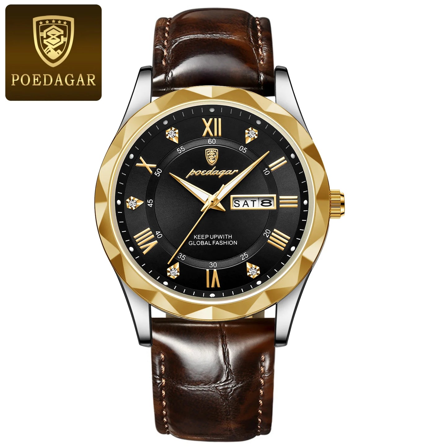 Roman Numeral Full Calendar Watch – Leather Strap with Date, Week & Luminous Dial