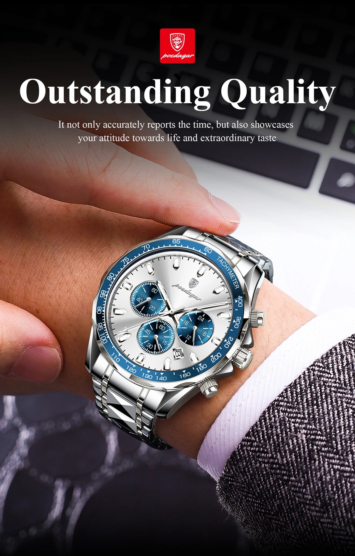 Chronograph Business Watch – Luminous Numberless Dial with Hidden Clasp Bracelet