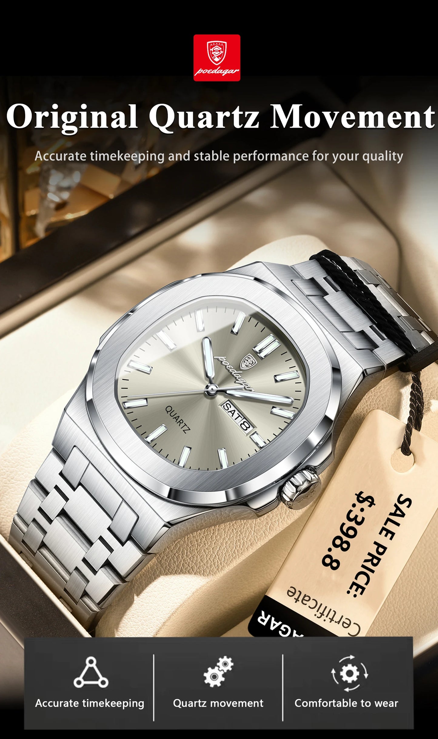 Square Full Calendar Watch – Date & Week Display with Hidden Clasp Bracelet